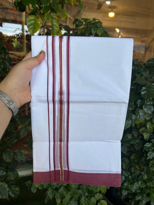 20% Discount ! KaithariKada Balaramapuram 100% Cotton Pure white Double Mundu/Dhoti - (100x80)s - 1.5 inch Silver Kasav & Maroon Shaded Stripes Chutty Kara 3.90 mtr (8 muzham) - 18 KK5287 PMC