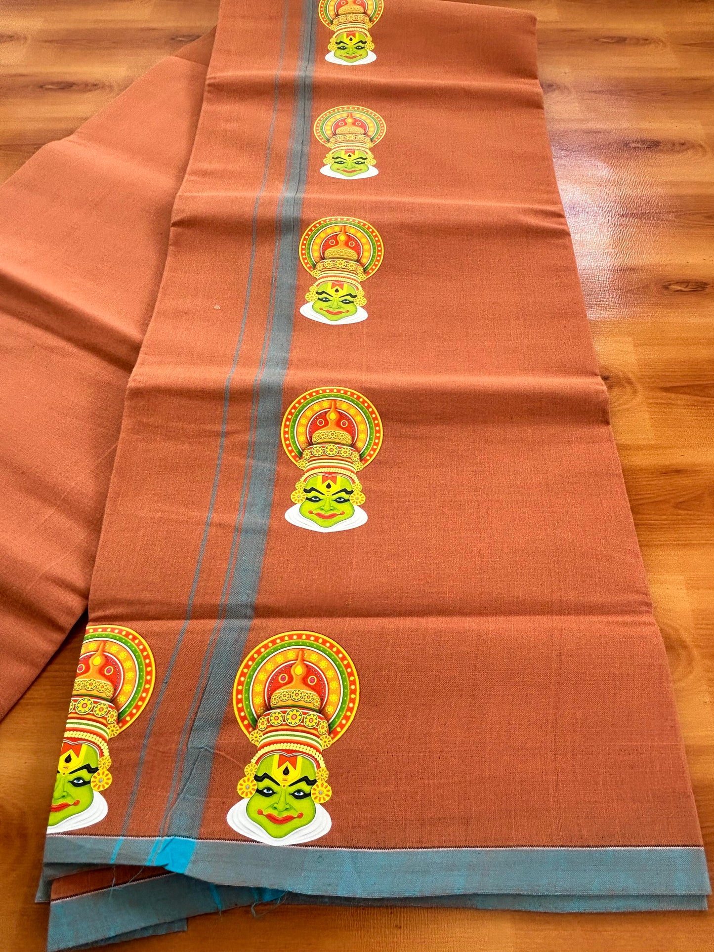 Single Kaily / Lungi- Kaitharikada - Pure Cotton - (40s) - Kathakali Printed Design 0.5 inch Light Blue Kara with Dark Kavi Colour Body (2 meter / 4 muzham) - 58 KK8062 GAN