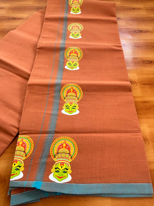 Single Kaily / Lungi- Kaitharikada - Pure Cotton - (40s) - Kathakali Printed Design 0.5 inch Light Blue Kara with Dark Kavi Colour Body (2 meter / 4 muzham) - 58 KK8062 GAN