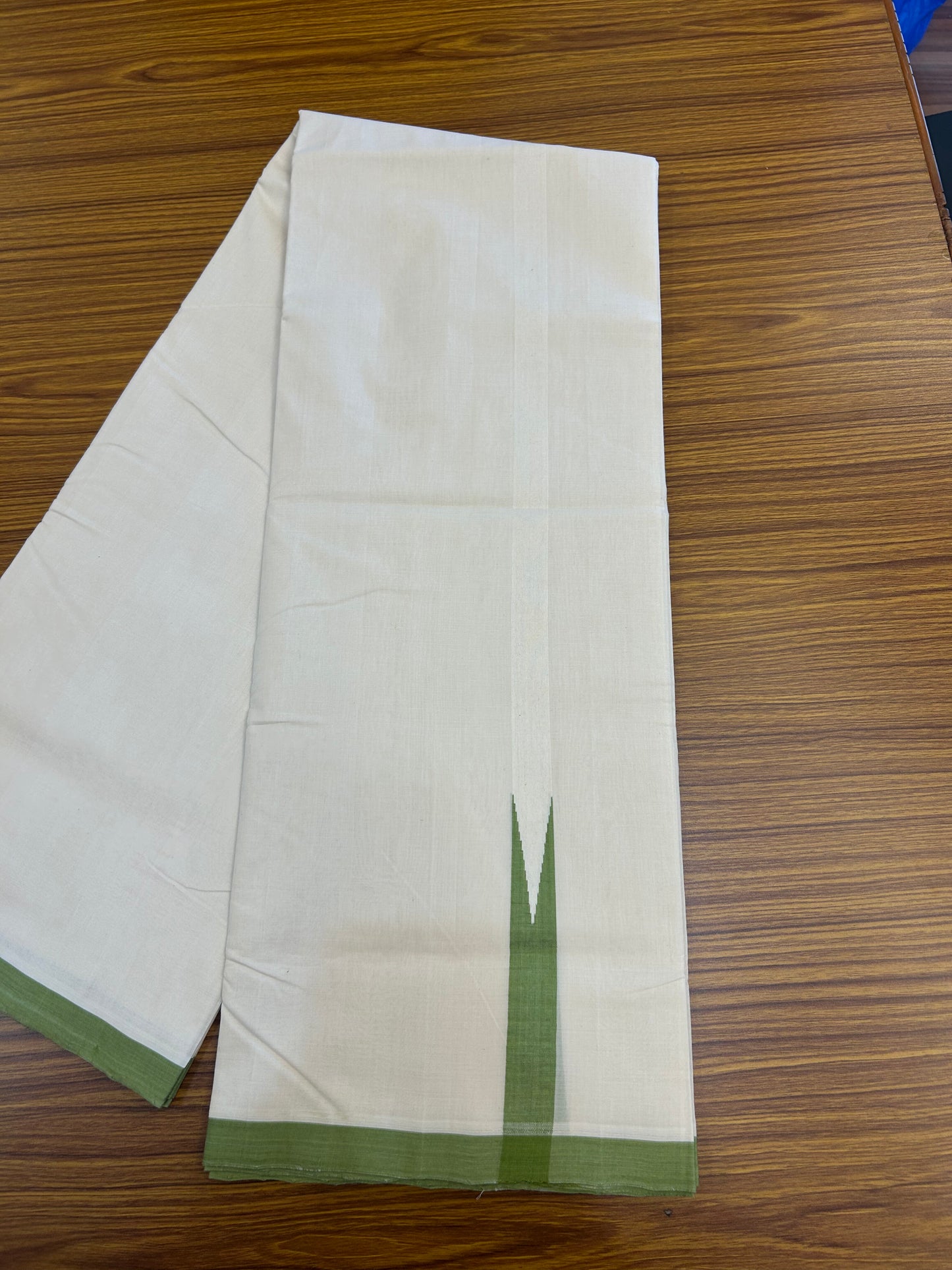 25% Discount!! KaithariKada Handloom Unakkupaav - Kerala Handloom - 100% Pure Cotton Off White - (Unbleached) Double Mundu/Dothi - 100x80 - 1 inch Puliyilakkara Green Chutty Kara 4 mtr (8.5 muzham) - 48 KK5353 REA