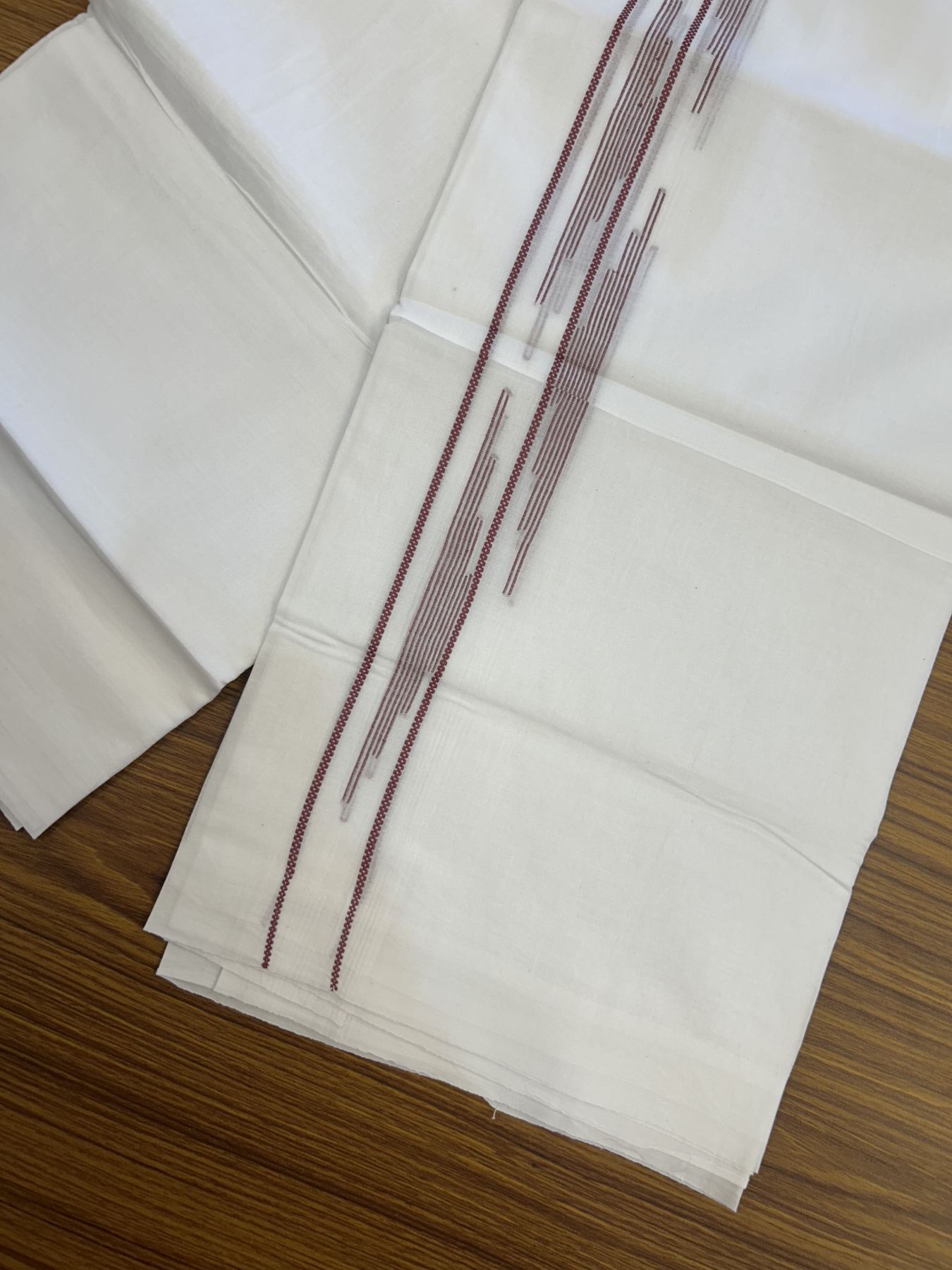 20% Discount ! Kaitharikada Balaramapuram 100% Cotton Pure White Double Mundu/Dothi - 100x80 - 0.75 inch Light Maroon Jacquard Stripes Design Kara 3.80 mtr (8 muzham) - 18 KK5323 THI