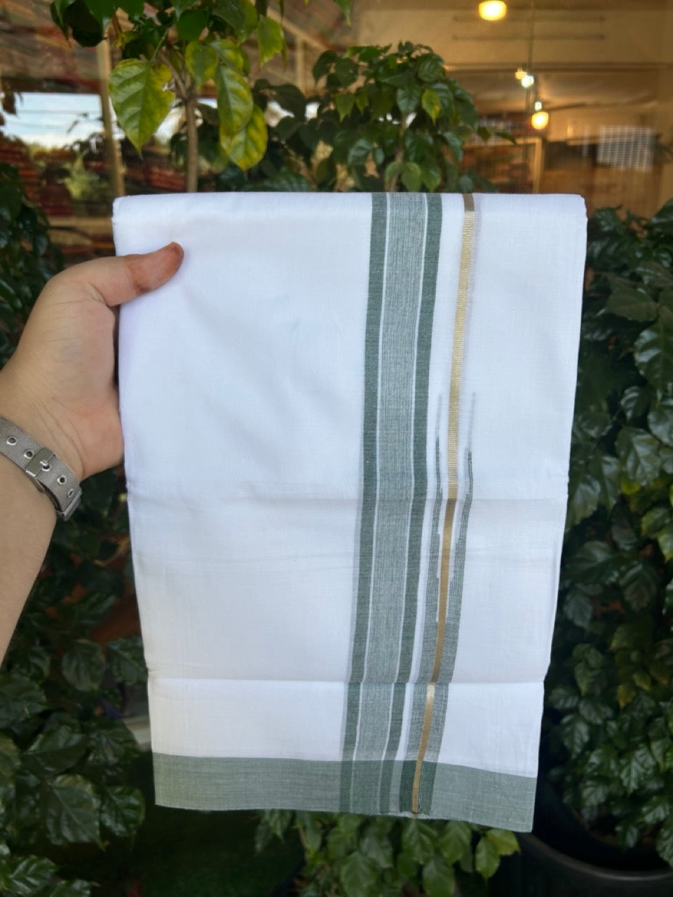 20% Discount ! KaithariKada Balaramapuram 100% Cotton Pure white Double Mundu/Dhoti - (100x80)s - 1.25 inch Silver Kasav & Green Shaded Stripes Chutty Kara 3.90 mtr (8 muzham) - 17 KK5287 PMC