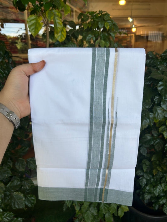20% Discount ! KaithariKada Balaramapuram 100% Cotton Pure white Double Mundu/Dhoti - (100x80)s - 1.25 inch Silver Kasav & Green Shaded Stripes Chutty Kara 3.90 mtr (8 muzham) - 17 KK5287 PMC
