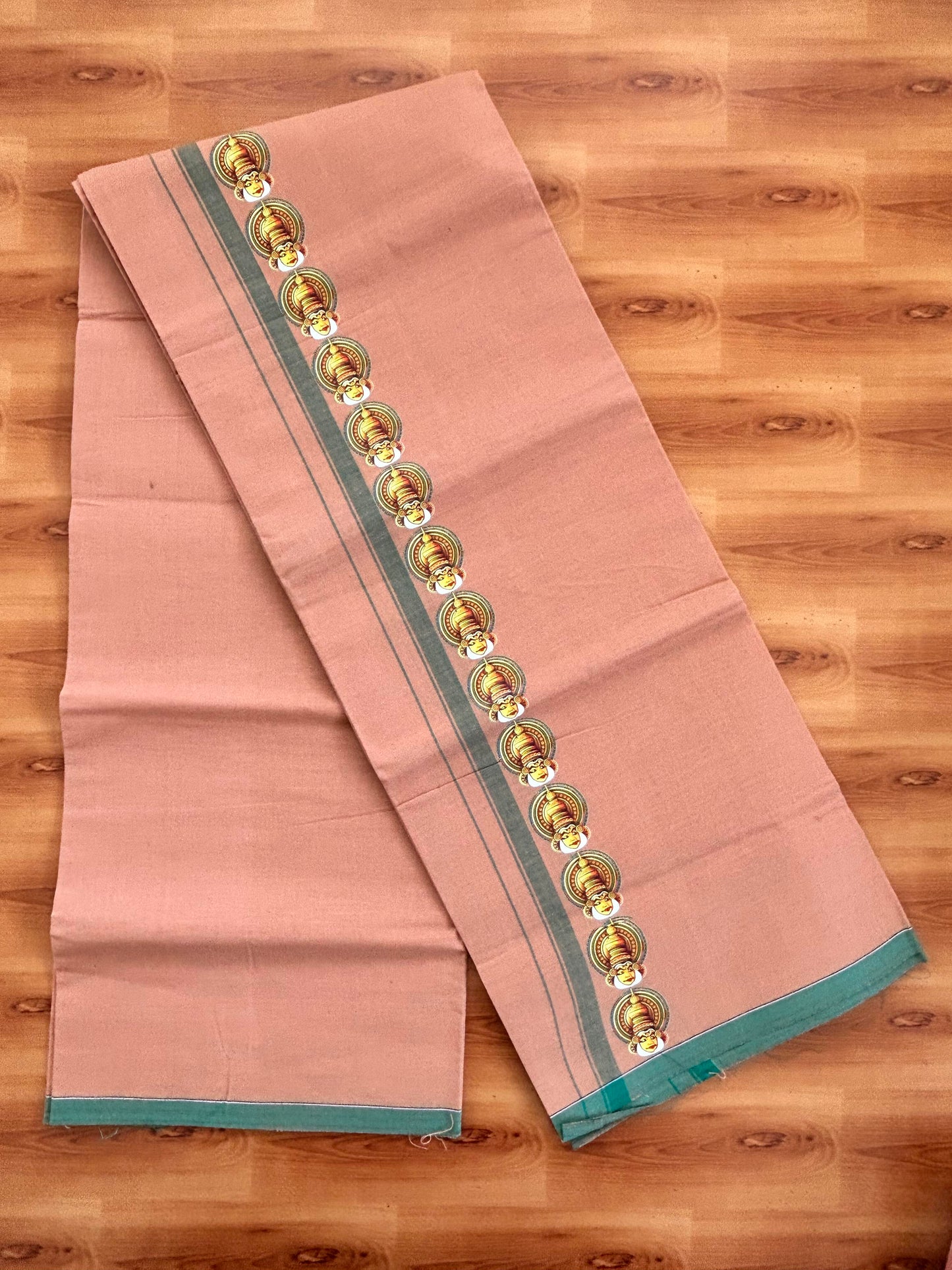 Single Kaily / Lungi- Kaitharikada - Pure Cotton - (40s) - Kathakali Printed Design 0.5 inch Green Kara with Light Kavi Colour Body (2 meter / 4 muzham) - 60 KK8062 GAN
