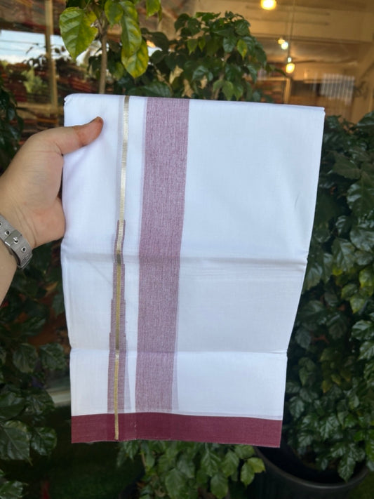 20% Discount ! KaithariKada Balaramapuram 100% Cotton Pure white Double Mundu/Dhoti - (100x80)s - 1.5 inch Silver Kasav & Maroon Shades Chutty Kara 3.90 mtr (8 muzham) - 19 KK5287 PMC