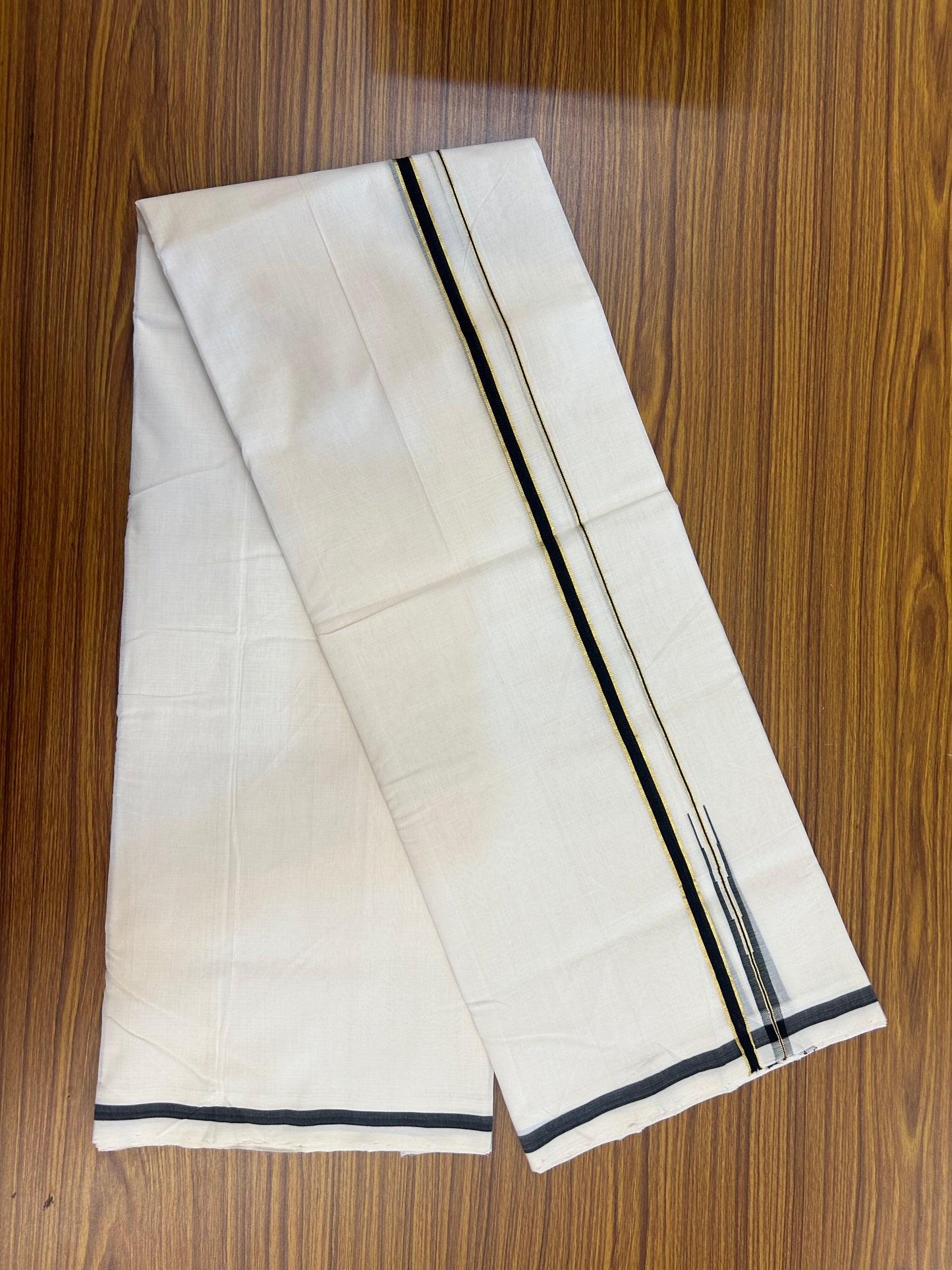 25% Discount!! KaithariKada Handloom Unakkupaav - Kerala Handloom - 100% Pure Cotton Off White - (Unbleached) Double Mundu/Dothi - 100x80 - 0.5 inch Puliyilakkara Gold Kasav & Black Chutty Kara 4 mtr (8.5 muzham) - 49 KK5353 REA