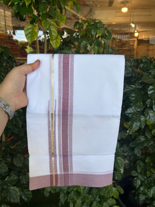 20% Discount ! KaithariKada Balaramapuram 100% Cotton Pure white Double Mundu/Dhoti - (100x80)s - 1.25 inch Silver Kasav & Maroon Shaded Stripes Chutty Kara 3.90 mtr (8 muzham) - 16 KK5287 PMC