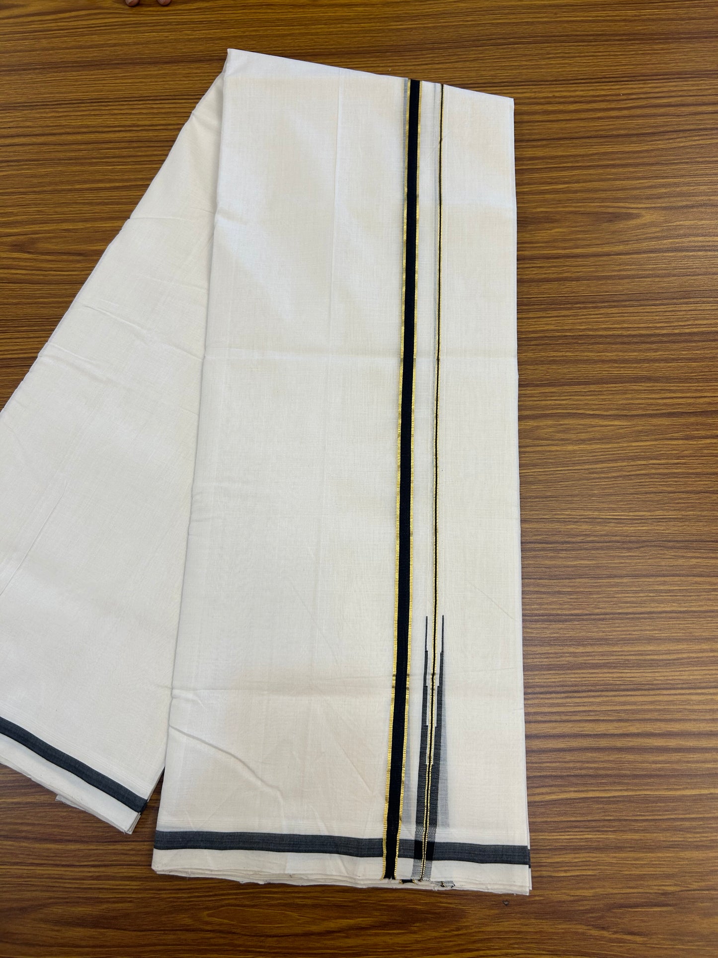 25% Discount!! KaithariKada Handloom Unakkupaav - Kerala Handloom - 100% Pure Cotton Off White - (Unbleached) Double Mundu/Dothi - 100x80 - 0.5 inch Puliyilakkara Gold Kasav & Black Chutty Kara 4 mtr (8.5 muzham) - 49 KK5353 REA