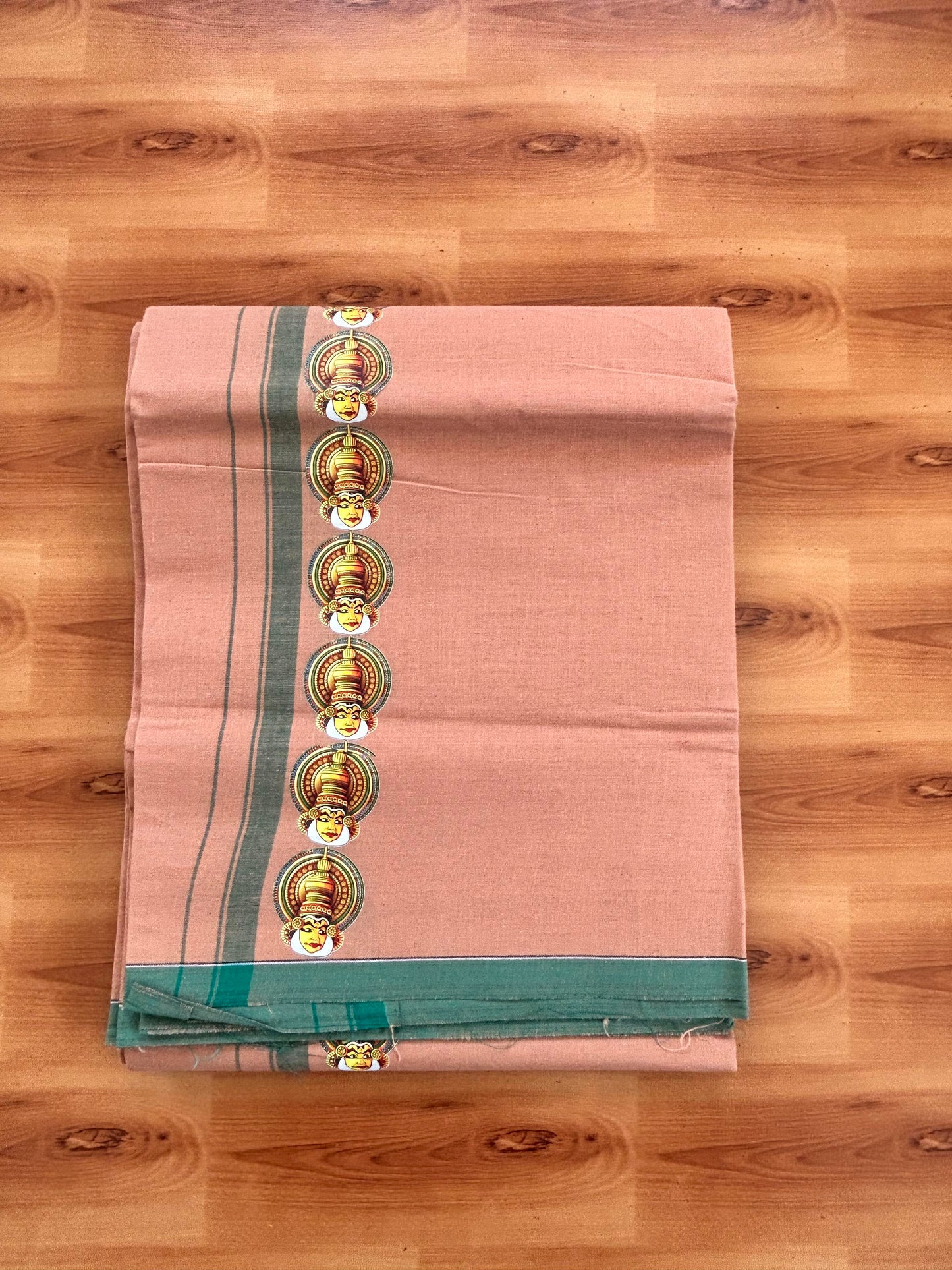 Single Kaily / Lungi- Kaitharikada - Pure Cotton - (40s) - Kathakali Printed Design 0.5 inch Green Kara with Light Kavi Colour Body (2 meter / 4 muzham) - 60 KK8062 GAN