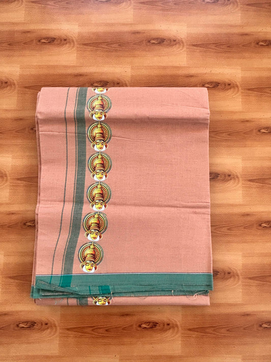 Single Kaily / Lungi- Kaitharikada - Pure Cotton - (40s) - Kathakali Printed Design 0.5 inch Green Kara with Light Kavi Colour Body (2 meter / 4 muzham) - 60 KK8062 GAN