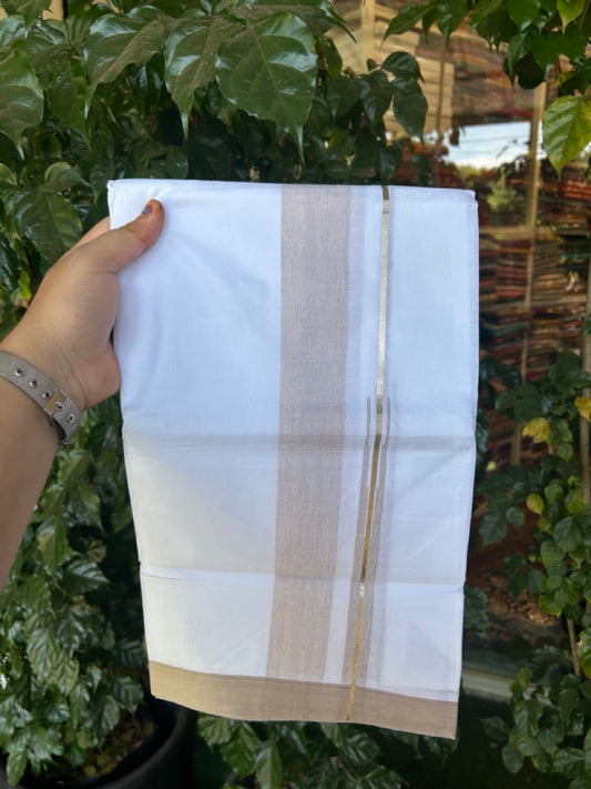 20% Discount ! KaithariKada Balaramapuram 100% Cotton Pure white Double Mundu/Dhoti - (100x80)s - 1.75 inch Silver Kasav & Beige Shades Chutty Kara 3.90 mtr (8 muzham) - 21 KK5287 PMC