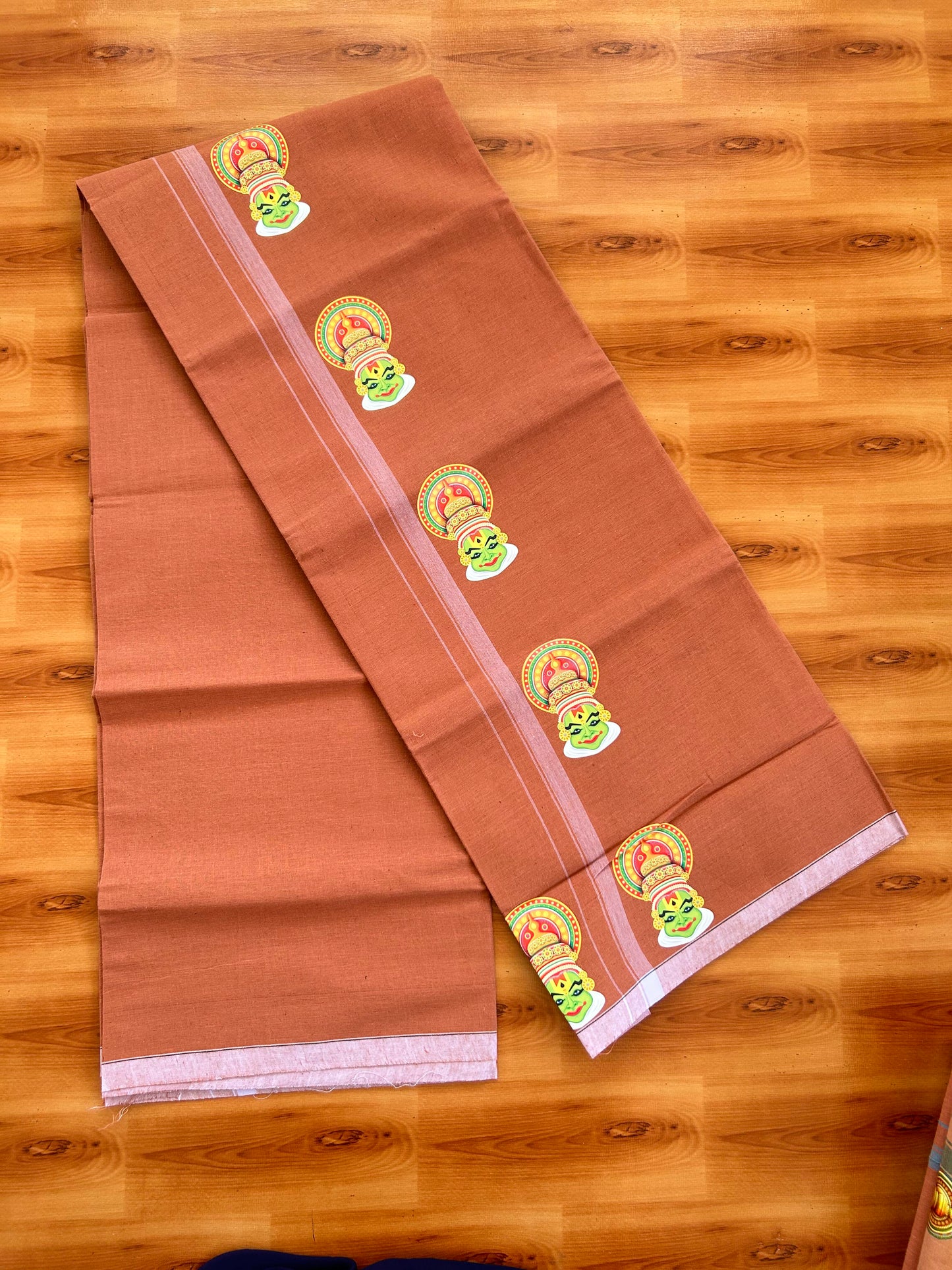 Single Kaily / Lungi- Kaitharikada - Pure Cotton - (40s) - Kathakali Printed Design 0.5 inch White Kara with Dark Kavi Colour Body (2 meter / 4 muzham) - 63 KK8062 GAN