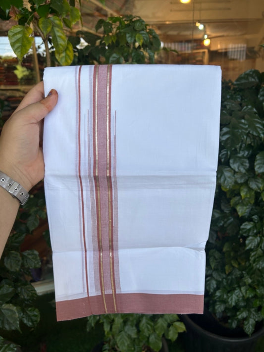 20% Discount ! KaithariKada Balaramapuram 100% Cotton Pure white Double Mundu/Dhoti - (100x80)s - 1.5 inch Silver Kasav Dark Dusty Peach Stripes Chutty Kara 3.90 mtr (8 muzham) - 38 KK5287 PMC