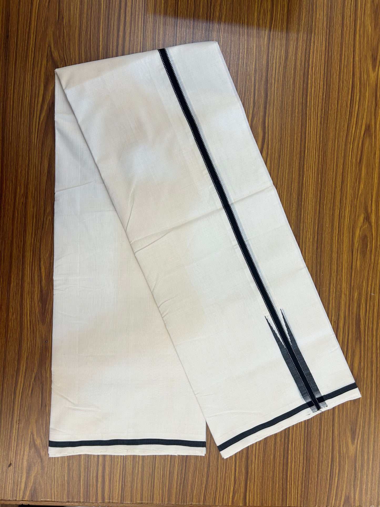 25% Discount!! KaithariKada Handloom Unakkupaav - Kerala Handloom - 100% Pure Cotton Off White - (Unbleached) Double Mundu/Dothi - 100x80 - 1 inch Puliyilakkara  Black Chutty Kara 4 mtr (8.5 muzham) - 50 KK5353 REA