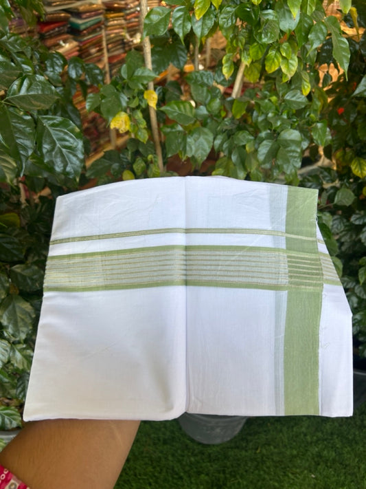 20% Discount ! KaithariKada Balaramapuram Double Pure White Mundu/Dhoti- 100x80 - 1.75 inch Pista Green Shaded Silver Striped kara 3.90 Mtr (8 Muzham) - 6 KK5282 PMC