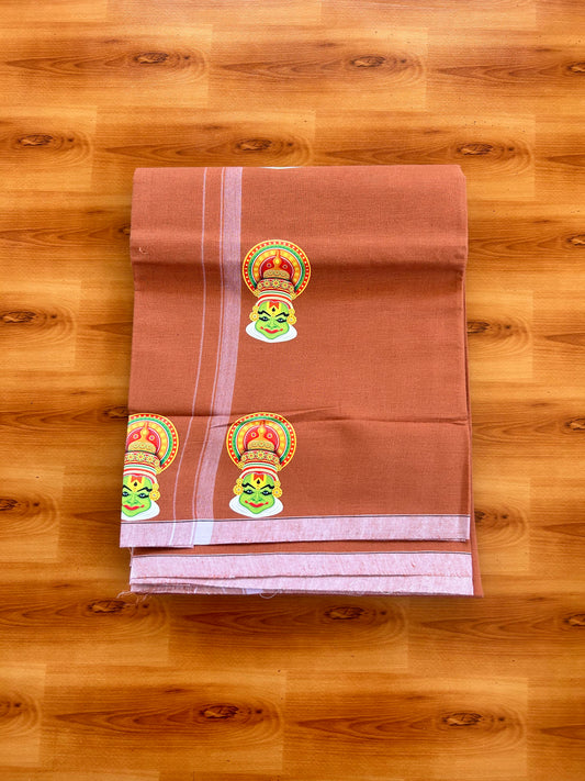 Single Kaily / Lungi- Kaitharikada - Pure Cotton - (40s) - Kathakali Printed Design 0.5 inch White Kara with Dark Kavi Colour Body (2 meter / 4 muzham) - 63 KK8062 GAN