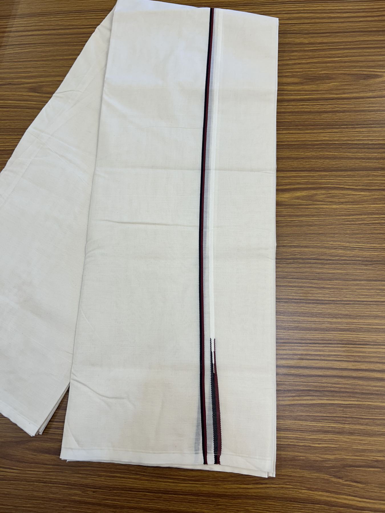 DMK Veshti - 20% Discount ! KaithariKada 100% Cotton off white Double - (Unbleached) Mundu/Dhoti - 100X100 - 0.5 cm Puliyilakkara Black & Maroon chutty - 3 KK5323 ASH