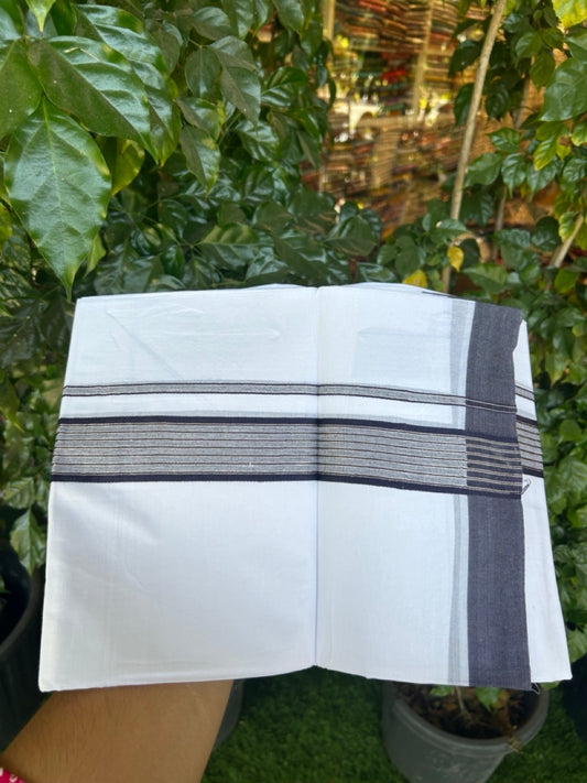 20% Discount ! KaithariKada Balaramapuram Double Pure White Mundu/Dhoti - 100x80 - 1.75 inch Navy Blue Shaded Silver Striped kara - 3.90 Mtr (8 Muzham) - 5 KK5282 PMC
