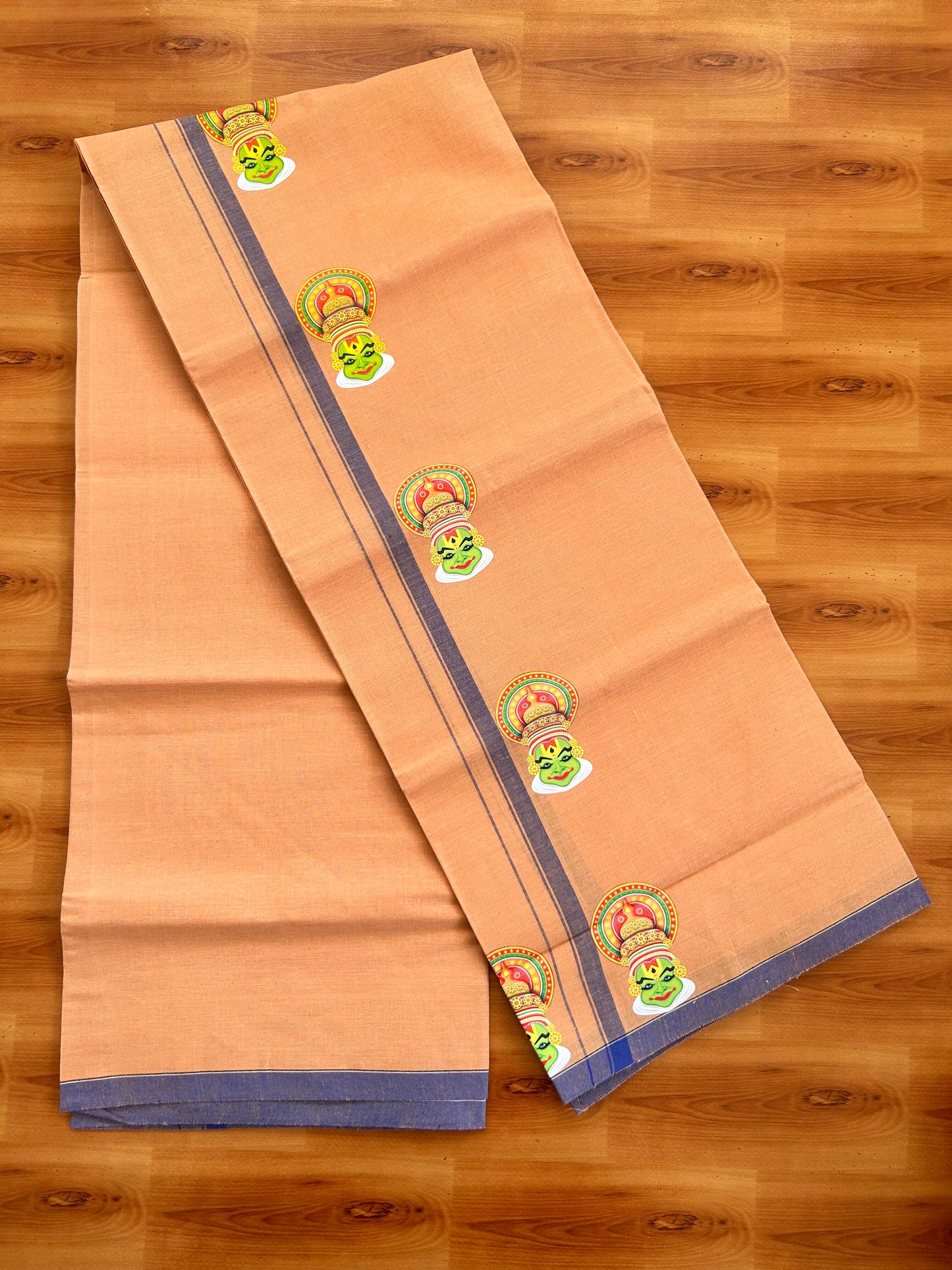 Single Kaily / Lungi- Kaitharikada - Pure Cotton - (40s) - Kathakali Printed Design 0.5 cm Blue Kara with Light Kavi Colour Body (2 meter / 4 muzham) - 56 KK8062 GAN