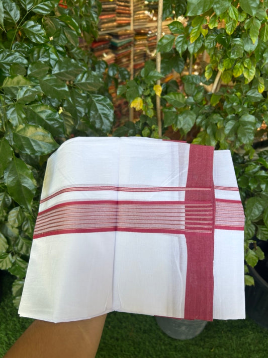 20% Discount ! KaithariKada Balaramapuram Double Pure White Mundu/Dhoti- 100x80 - 1.75 inch Maroon Shaded Silver Striped kara 3.90 Mtr (8 Muzham) - 7 KK5282 PMC