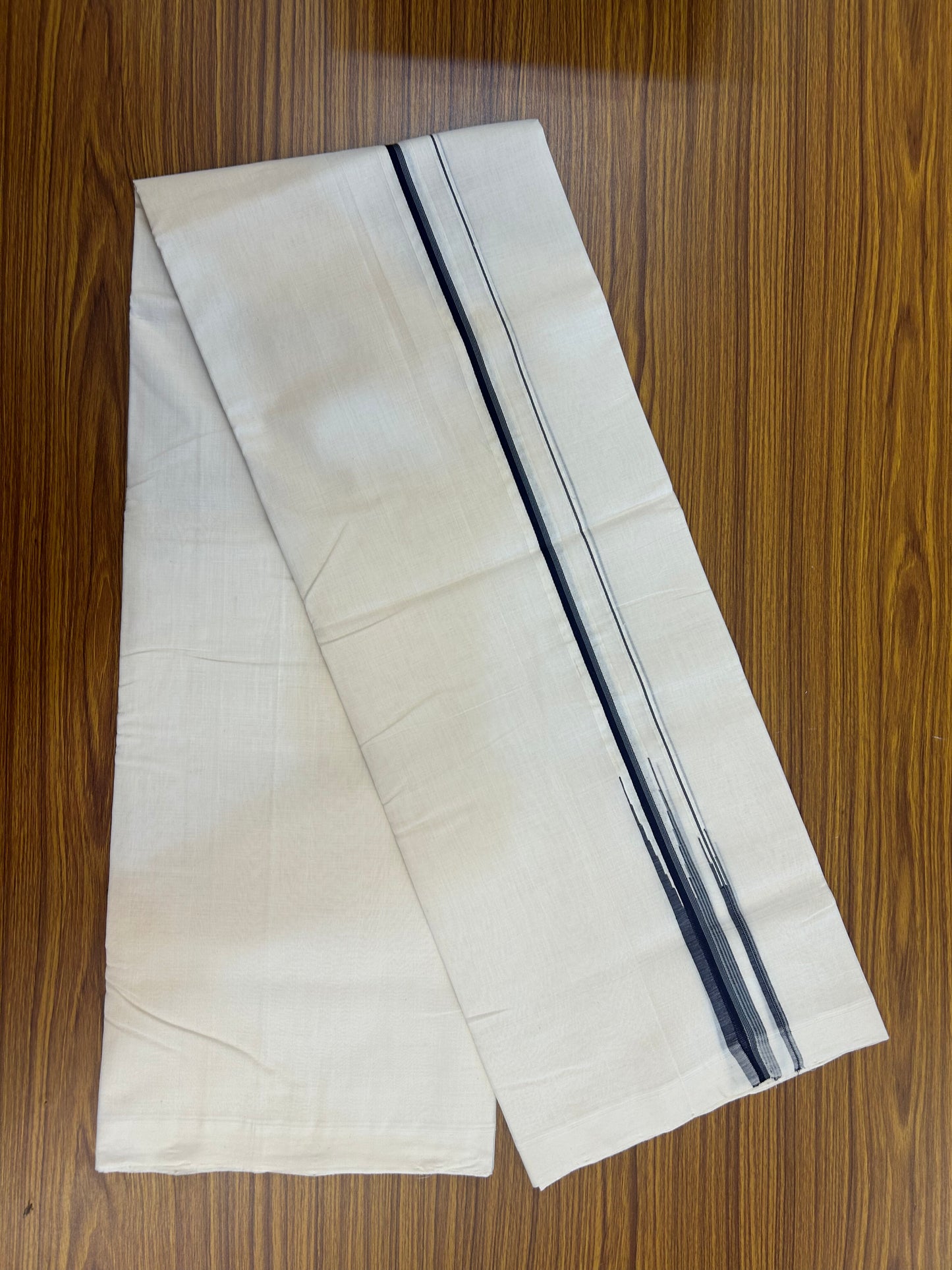 25% Discount!! KaithariKada Handloom Unakkupaav - Kerala Handloom - 100% Pure Cotton Off White - (Unbleached) Double Mundu/Dothi - 100x80 - 0.75 inch Puliyilakkara Ash Blue &  Navy Blue Chutty Kara 4 mtr (8.5 muzham) - 51 KK5353 REA