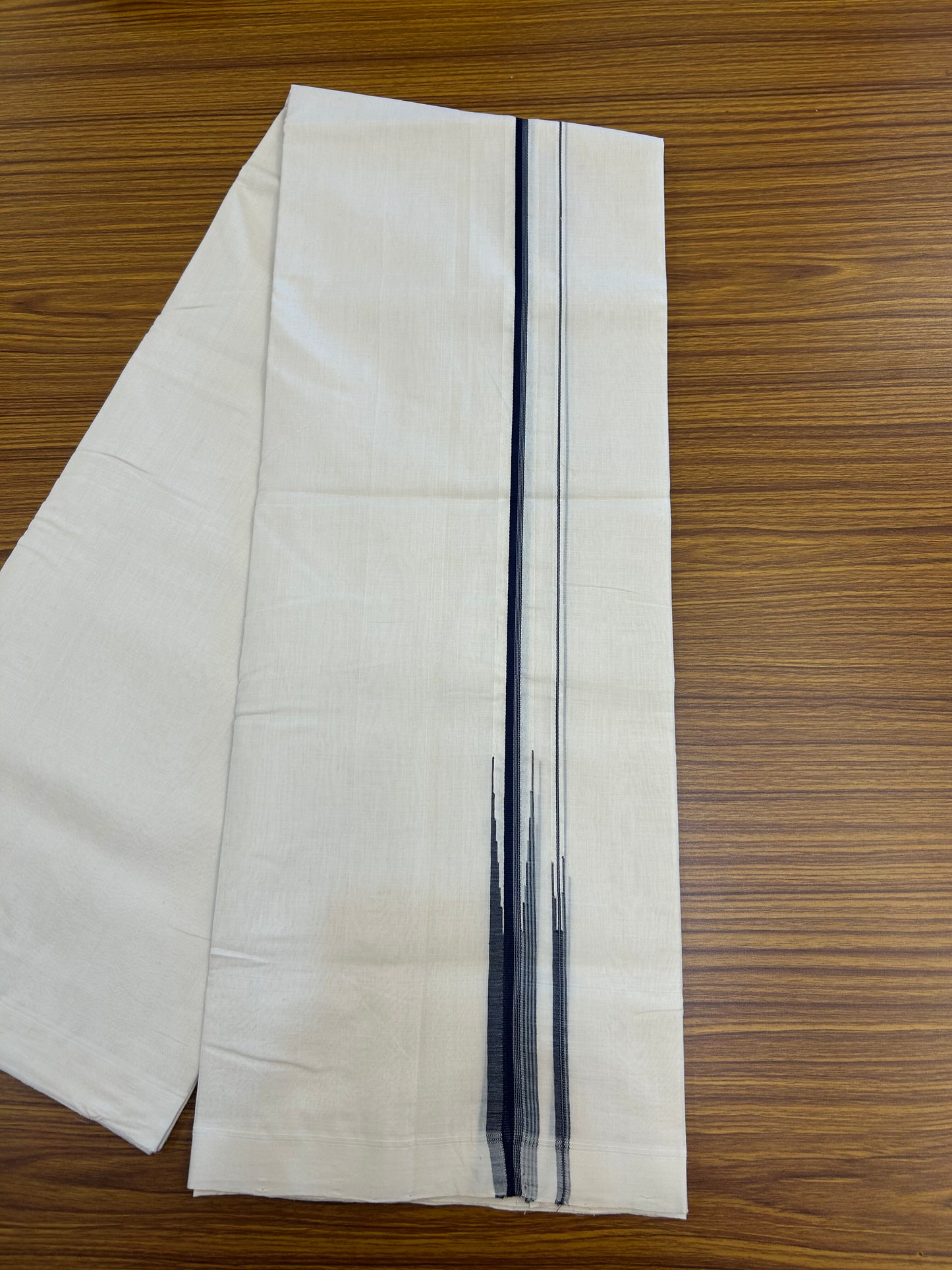 25% Discount!! KaithariKada Handloom Unakkupaav - Kerala Handloom - 100% Pure Cotton Off White - (Unbleached) Double Mundu/Dothi - 100x80 - 0.75 inch Puliyilakkara Ash Blue &  Navy Blue Chutty Kara 4 mtr (8.5 muzham) - 51 KK5353 REA