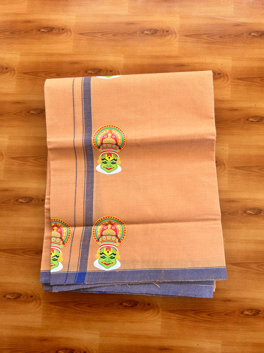 Single Kaily / Lungi- Kaitharikada - Pure Cotton - (40s) - Kathakali Printed Design 0.5 cm Blue Kara with Light Kavi Colour Body (2 meter / 4 muzham) - 56 KK8062 GAN