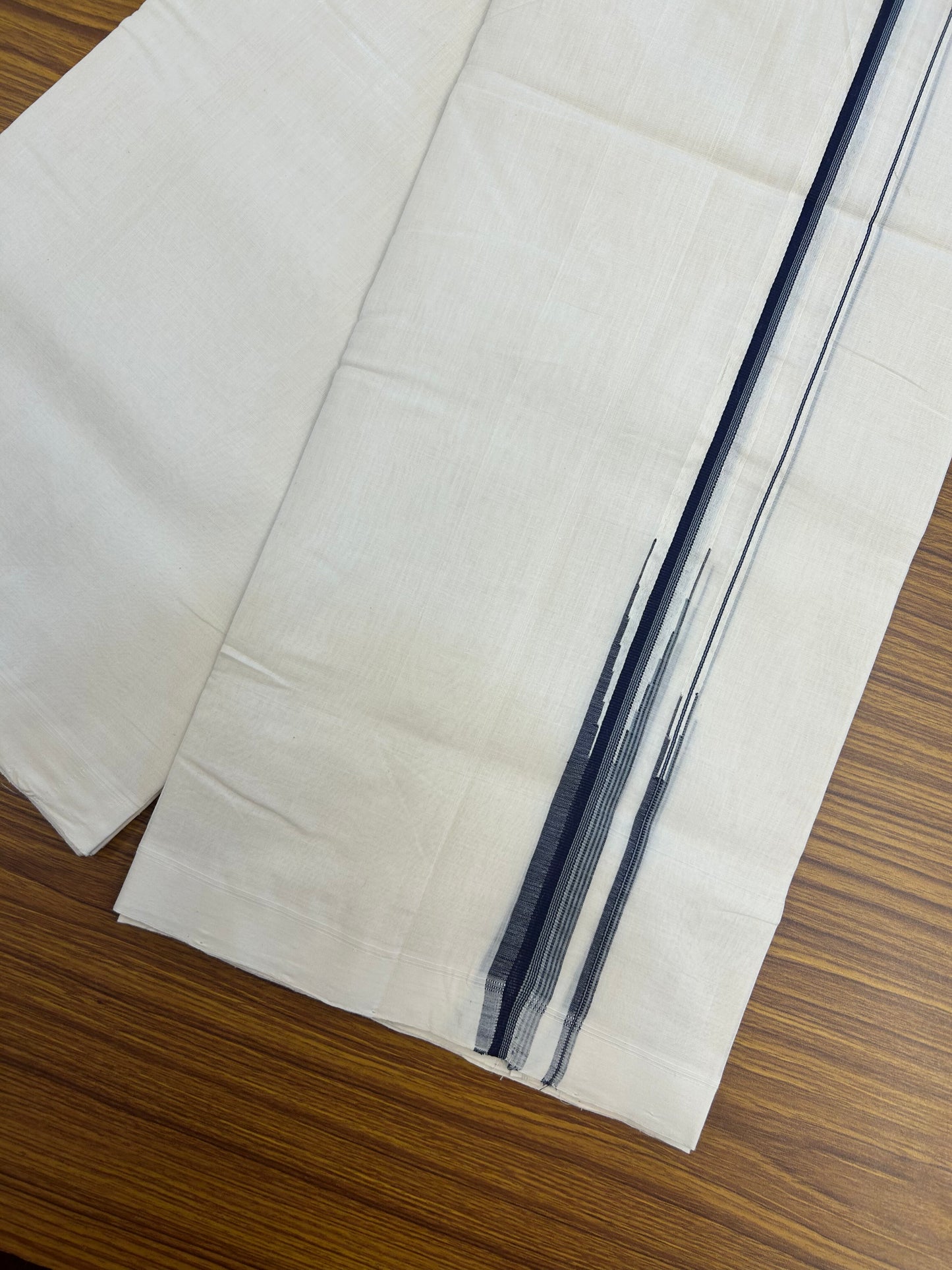 25% Discount!! KaithariKada Handloom Unakkupaav - Kerala Handloom - 100% Pure Cotton Off White - (Unbleached) Double Mundu/Dothi - 100x80 - 0.75 inch Puliyilakkara Ash Blue &  Navy Blue Chutty Kara 4 mtr (8.5 muzham) - 51 KK5353 REA