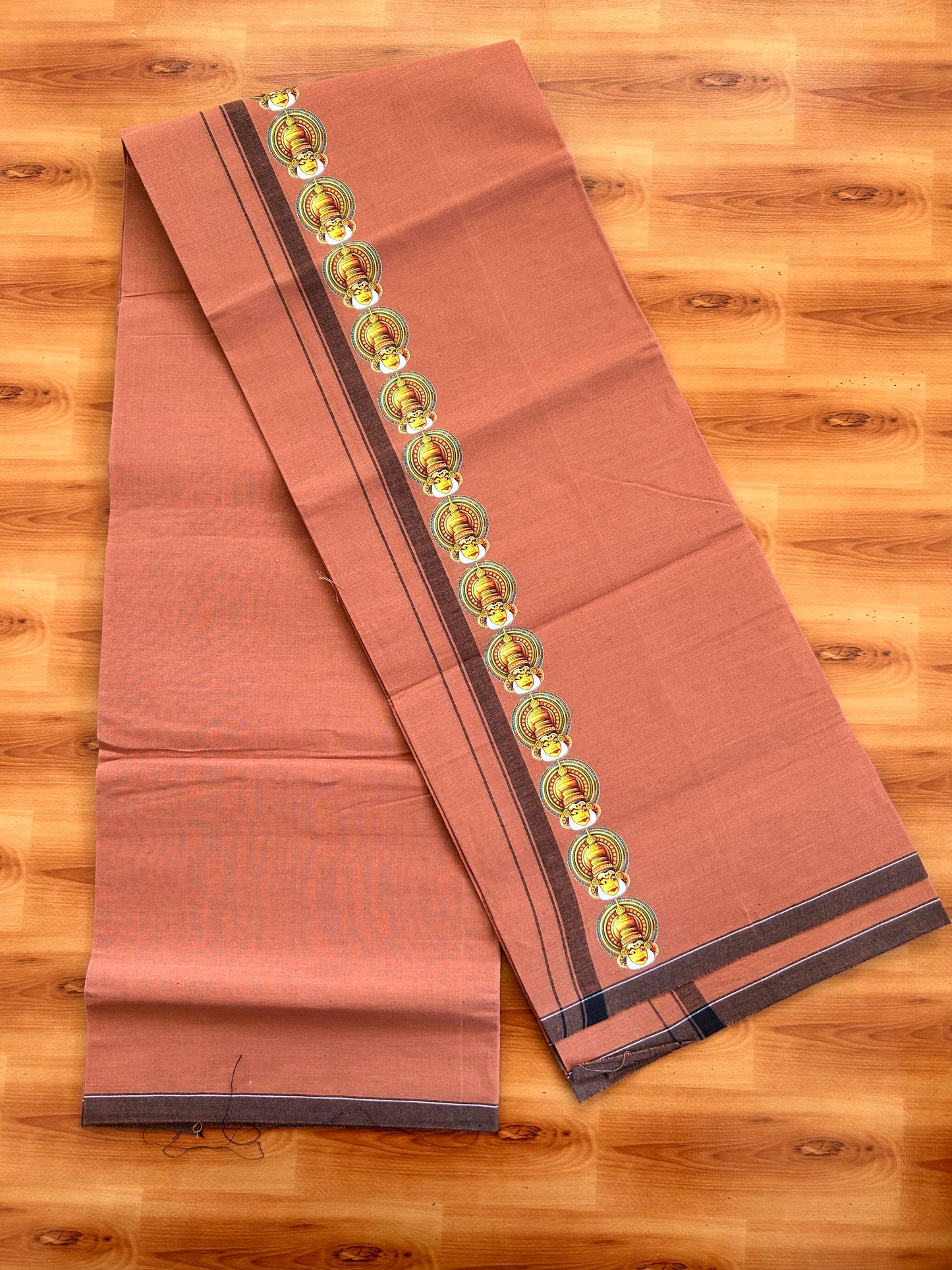 Single Kaily / Lungi- Kaitharikada - Pure Cotton - (40s) - Kathakali Printed Design 0.5 inch Black Kara with Dark Kavi Colour Body (2 meter / 4 muzham) - 62 KK8062 GAN