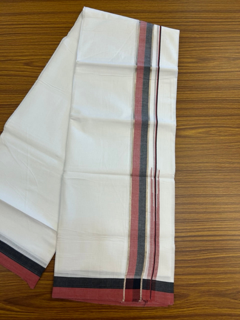 20% Discount ! Kaitharikada Balaramapuram 100% Pure Cotton Double Pure White Mundu/Dhoti - 100x80 - 1.5 inch Silver Kasav Black & Maroon Shaded Stripes Chutty Kara 3.90 mtr (8.5 muzham) - 39 KK5287 PMC
