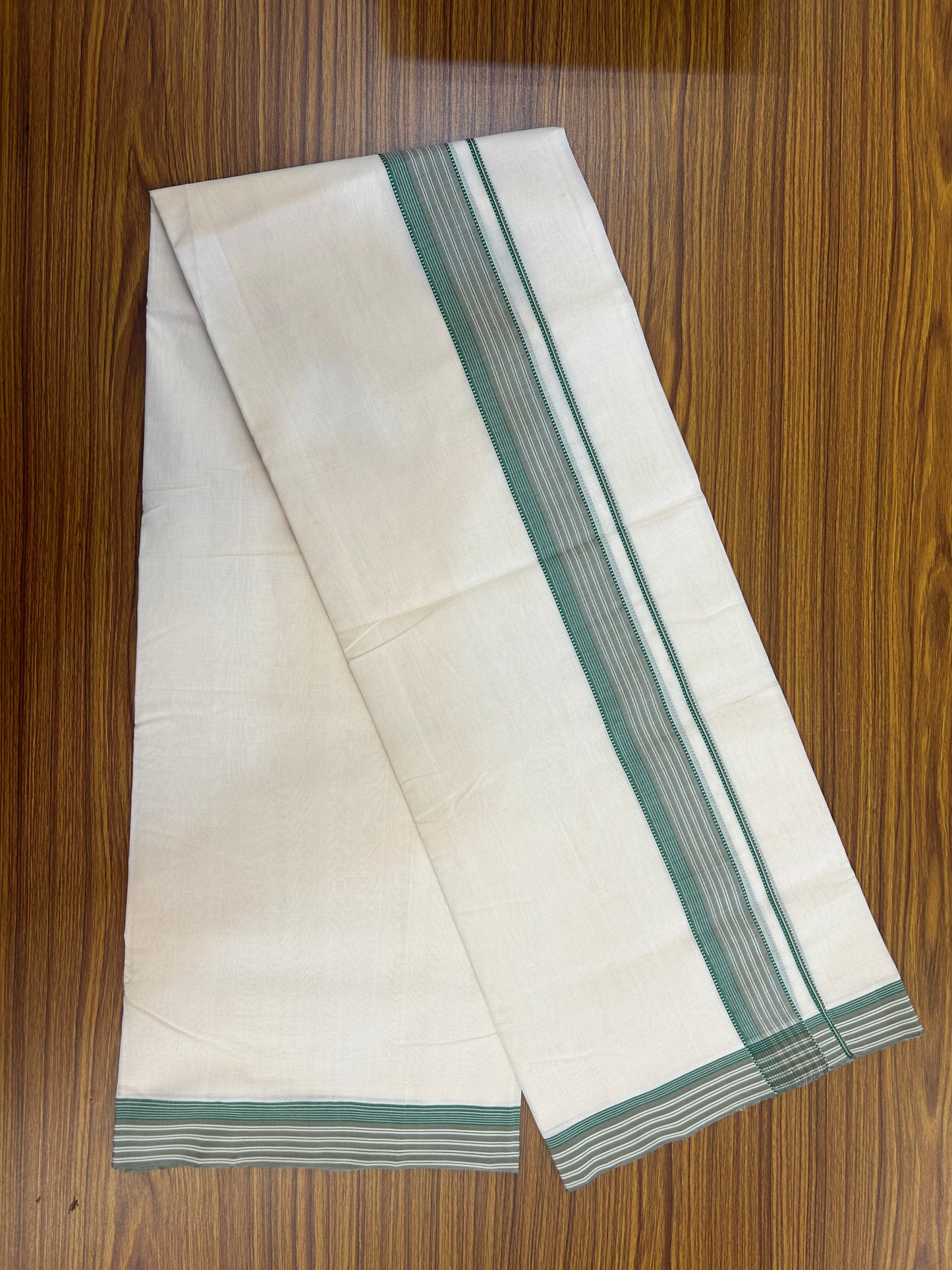 25% Discount!! KaithariKada Handloom Unakkupaav - Kerala Handloom - 100% Pure Cotton Off White - (Unbleached) Double Mundu/Dothi - 100x80 - 1.75 inch Green & Light Sage Green Striped Kara 4 mtr (8.5 muzham) - 52 KK5353 REA