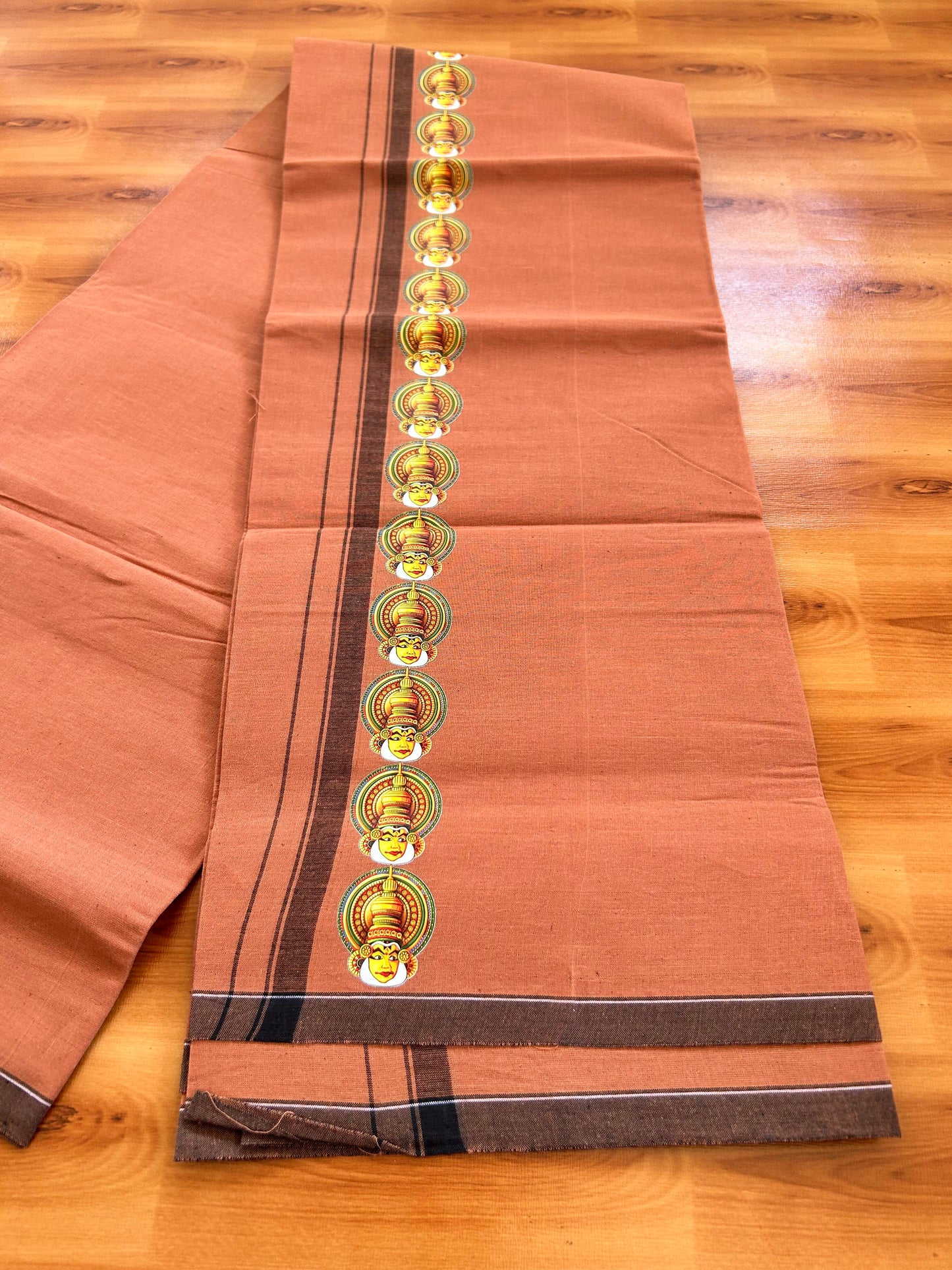 Single Kaily / Lungi- Kaitharikada - Pure Cotton - (40s) - Kathakali Printed Design 0.5 inch Black Kara with Dark Kavi Colour Body (2 meter / 4 muzham) - 62 KK8062 GAN
