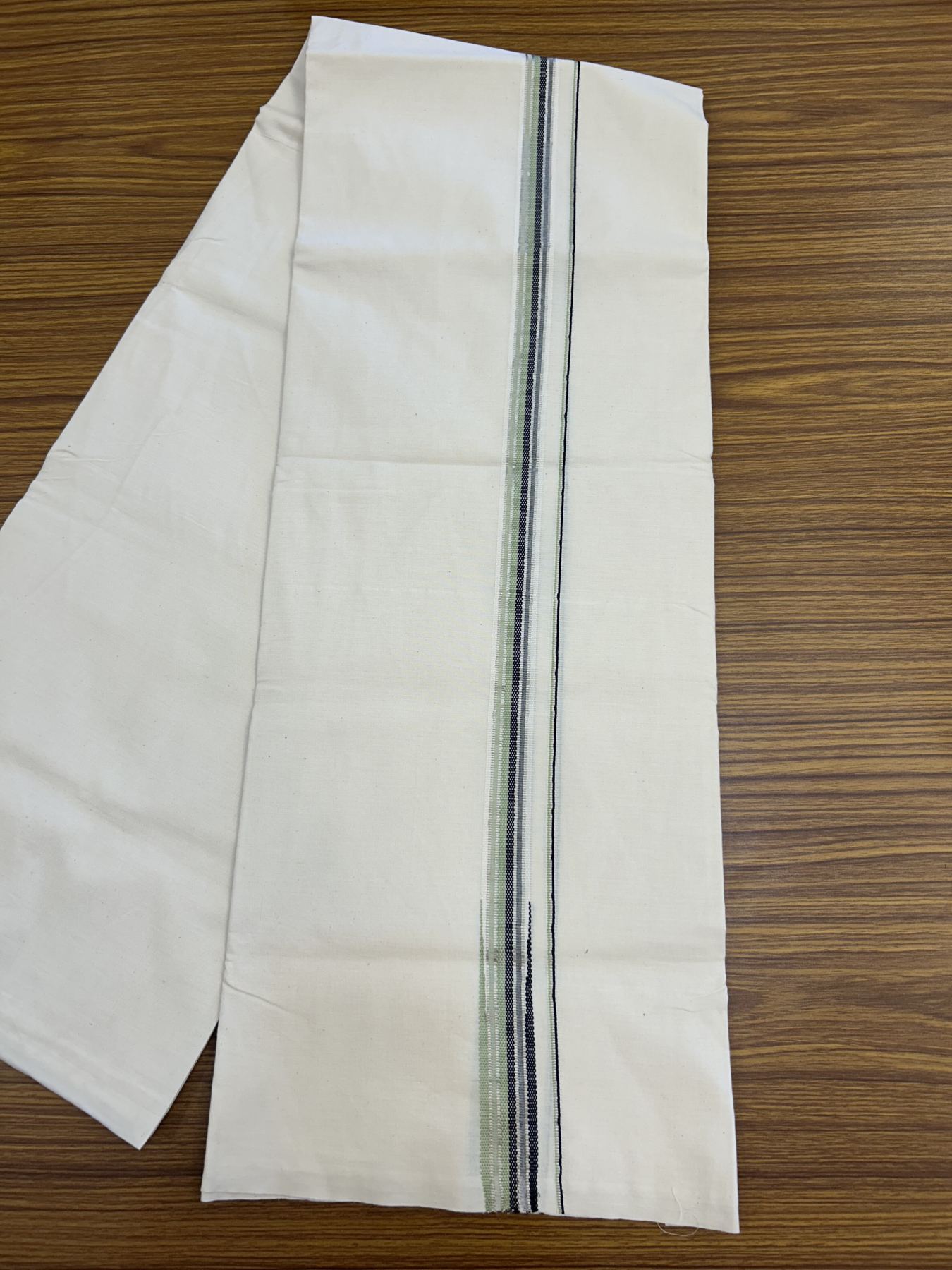 20% Discount! KaithariKada 100% Cotton off white Single - (Unbleached) Mundu/Dhoti - 100X100 - 0.75 inch Puliyilakkara Silver Kasav Pista Green & Black Chutty kara - 5 KK5323 ASH