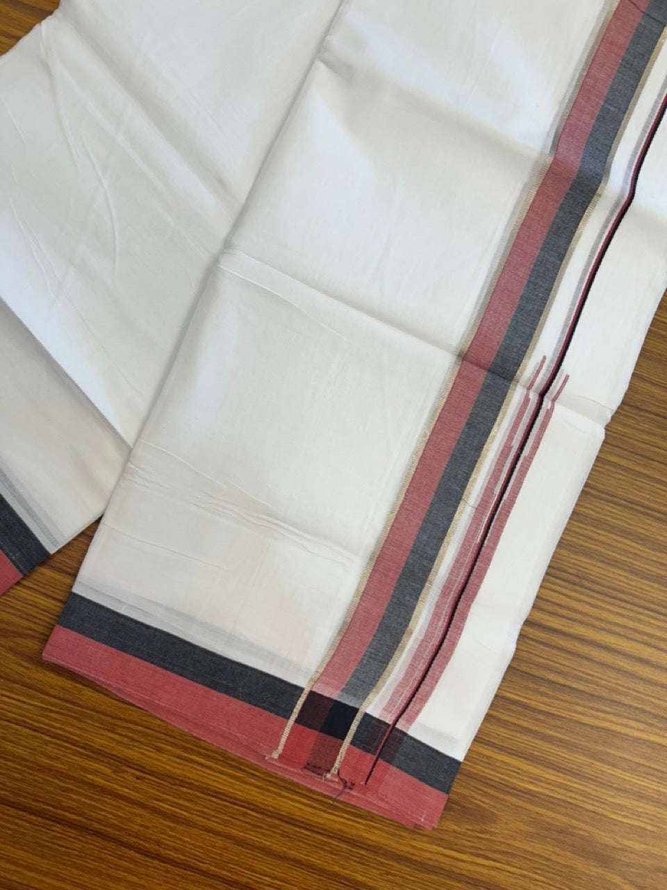20% Discount ! Kaitharikada Balaramapuram 100% Pure Cotton Double Pure White Mundu/Dhoti - 100x80 - 1.5 inch Silver Kasav Black & Maroon Shaded Stripes Chutty Kara 3.90 mtr (8.5 muzham) - 39 KK5287 PMC