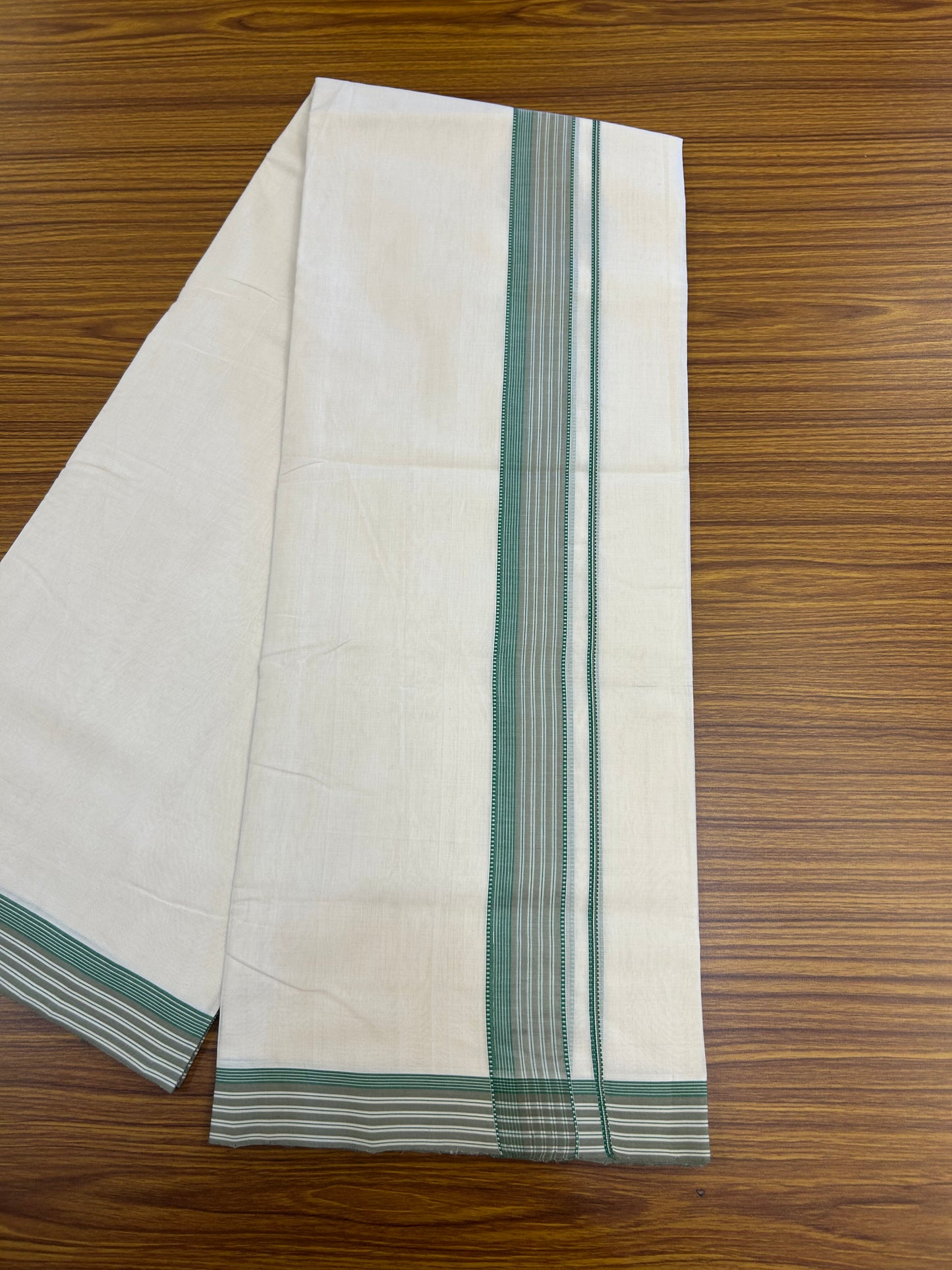 25% Discount!! KaithariKada Handloom Unakkupaav - Kerala Handloom - 100% Pure Cotton Off White - (Unbleached) Double Mundu/Dothi - 100x80 - 1.75 inch Green & Light Sage Green Striped Kara 4 mtr (8.5 muzham) - 52 KK5353 REA