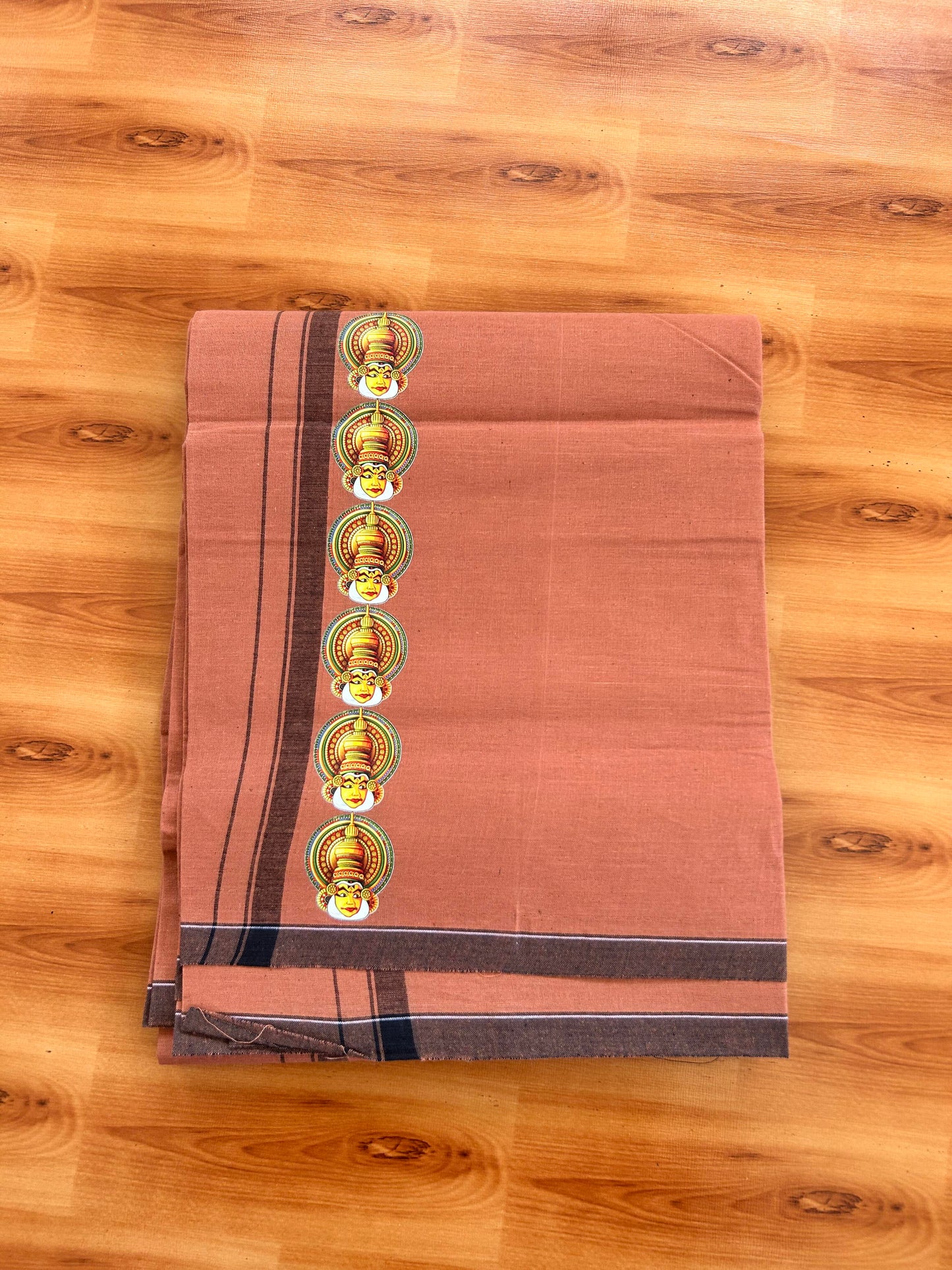 Single Kaily / Lungi- Kaitharikada - Pure Cotton - (40s) - Kathakali Printed Design 0.5 inch Black Kara with Dark Kavi Colour Body (2 meter / 4 muzham) - 62 KK8062 GAN