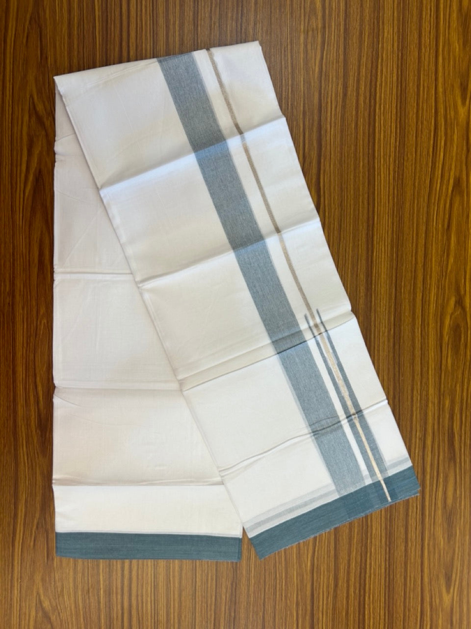 20% Discount ! Kaitharikada Balaramapuram 100% Pure Cotton Double Pure White Mundu/Dhoti - 100x80 - 1.5 inch Silver Kasav Pastel Teal Blue Shaded Stripes Chutty Kara 3.90 mtr (8.5 muzham) - 40 KK5287 PMC