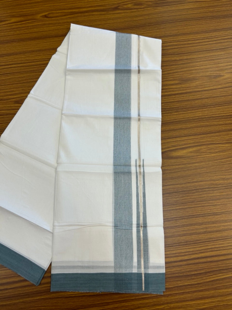 20% Discount ! Kaitharikada Balaramapuram 100% Pure Cotton Double Pure White Mundu/Dhoti - 100x80 - 1.5 inch Silver Kasav Pastel Teal Blue Shaded Stripes Chutty Kara 3.90 mtr (8.5 muzham) - 40 KK5287 PMC