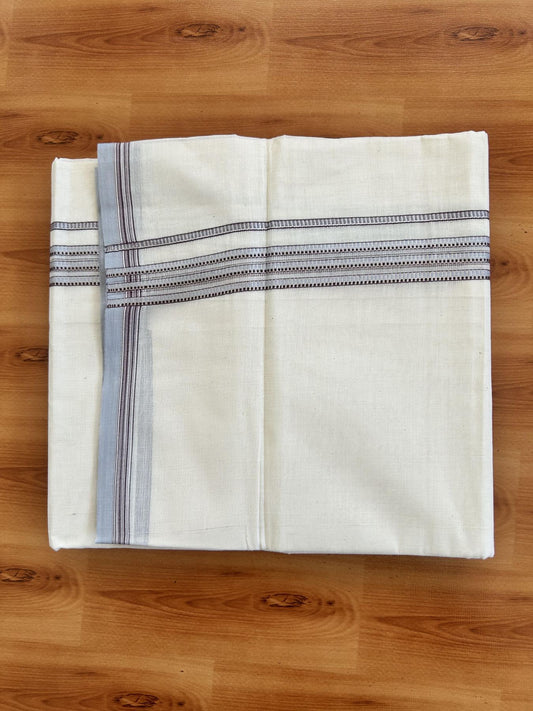 Double Off White  Mundu/Dhoti- 20% Discount! KaithariKada Balaramapuram Pure Cotton - 100x100 - 1.25 inch Silver Kasav & Ash Blue & Wine Maroon Design Striped Kara - 4mtr (8.5muzham) - 16 KK5422 VAS