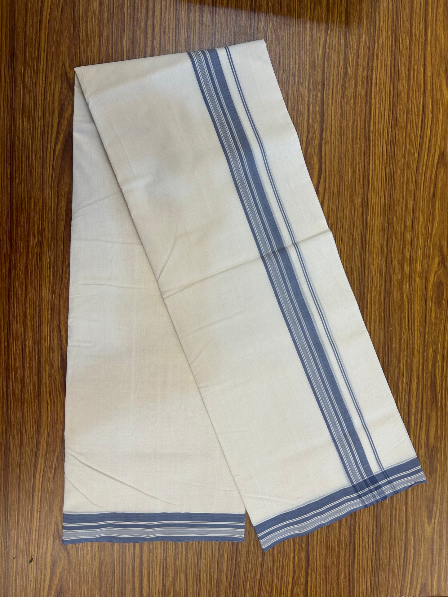 25% Discount!! KaithariKada Handloom Unakkupaav - Kerala Handloom - 100% Pure Cotton Off White - (Unbleached) Double Mundu/Dothi - 100x80 - 1.5 inch Ash Blue Striped Kara 4 mtr (8.5 muzham) - 53 KK5353 REA