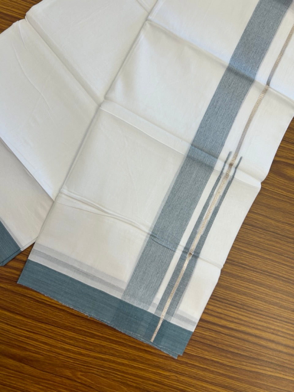 20% Discount ! Kaitharikada Balaramapuram 100% Pure Cotton Double Pure White Mundu/Dhoti - 100x80 - 1.5 inch Silver Kasav Pastel Teal Blue Shaded Stripes Chutty Kara 3.90 mtr (8.5 muzham) - 40 KK5287 PMC