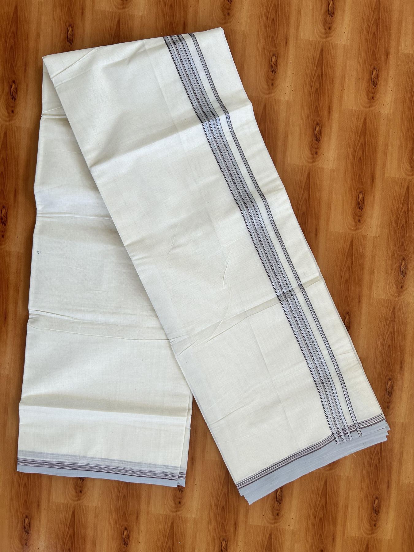 Double Off White  Mundu/Dhoti- 20% Discount! KaithariKada Balaramapuram Pure Cotton - 100x100 - 1.25 inch Silver Kasav & Ash Blue & Wine Maroon Design Striped Kara - 4mtr (8.5muzham) - 16 KK5422 VAS