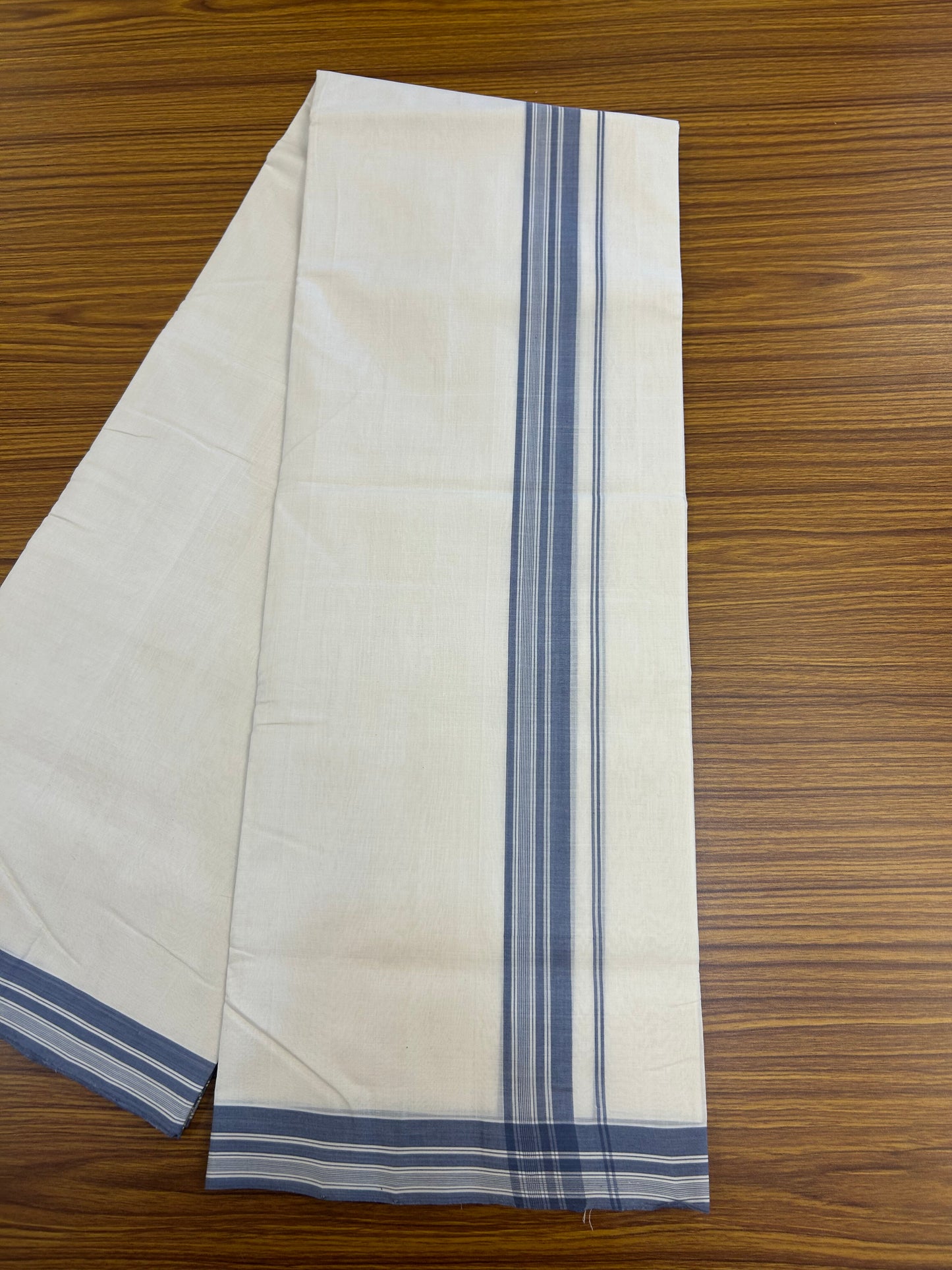 25% Discount!! KaithariKada Handloom Unakkupaav - Kerala Handloom - 100% Pure Cotton Off White - (Unbleached) Double Mundu/Dothi - 100x80 - 1.5 inch Ash Blue Striped Kara 4 mtr (8.5 muzham) - 53 KK5353 REA