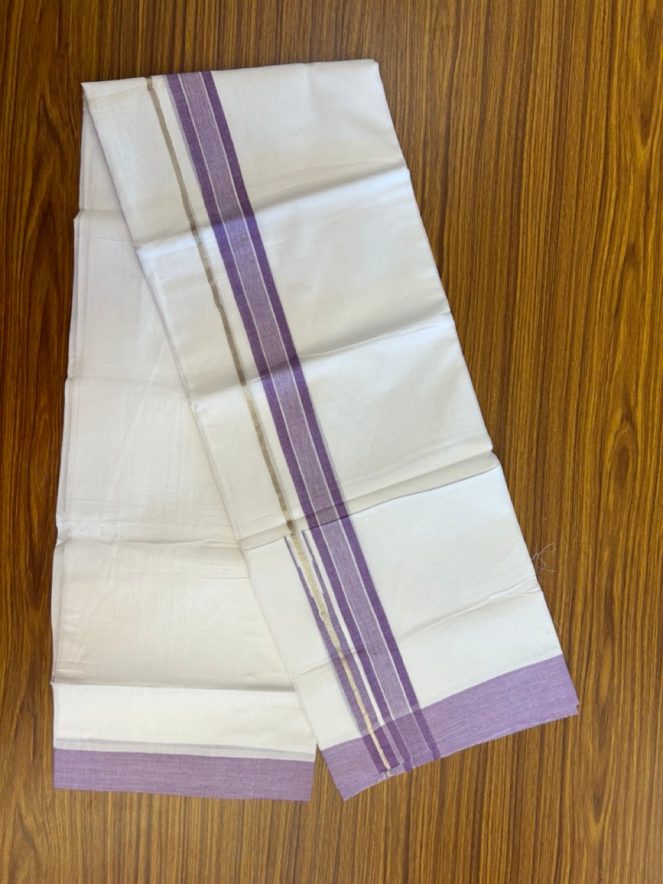 20% Discount ! Kaitharikada Balaramapuram 100% Pure Cotton Double Pure White Mundu/Dhoti - 100x80 - 1.5 inch Silver Kasav Violet Shaded Stripes Chutty Kara 3.90 mtr (8.5 muzham) - 41 KK5287 PMC