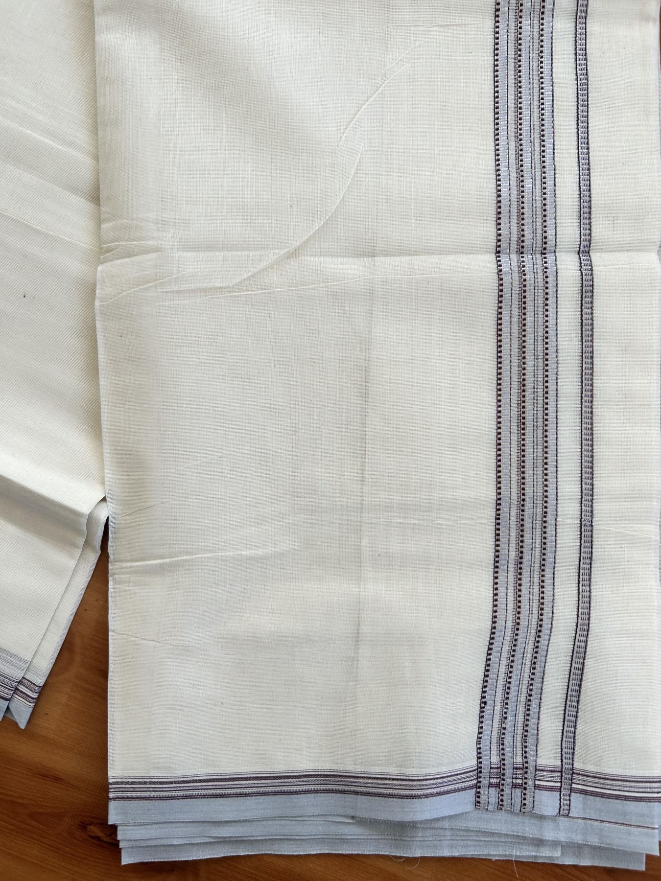 Double Off White  Mundu/Dhoti- 20% Discount! KaithariKada Balaramapuram Pure Cotton - 100x100 - 1.25 inch Silver Kasav & Ash Blue & Wine Maroon Design Striped Kara - 4mtr (8.5muzham) - 16 KK5422 VAS