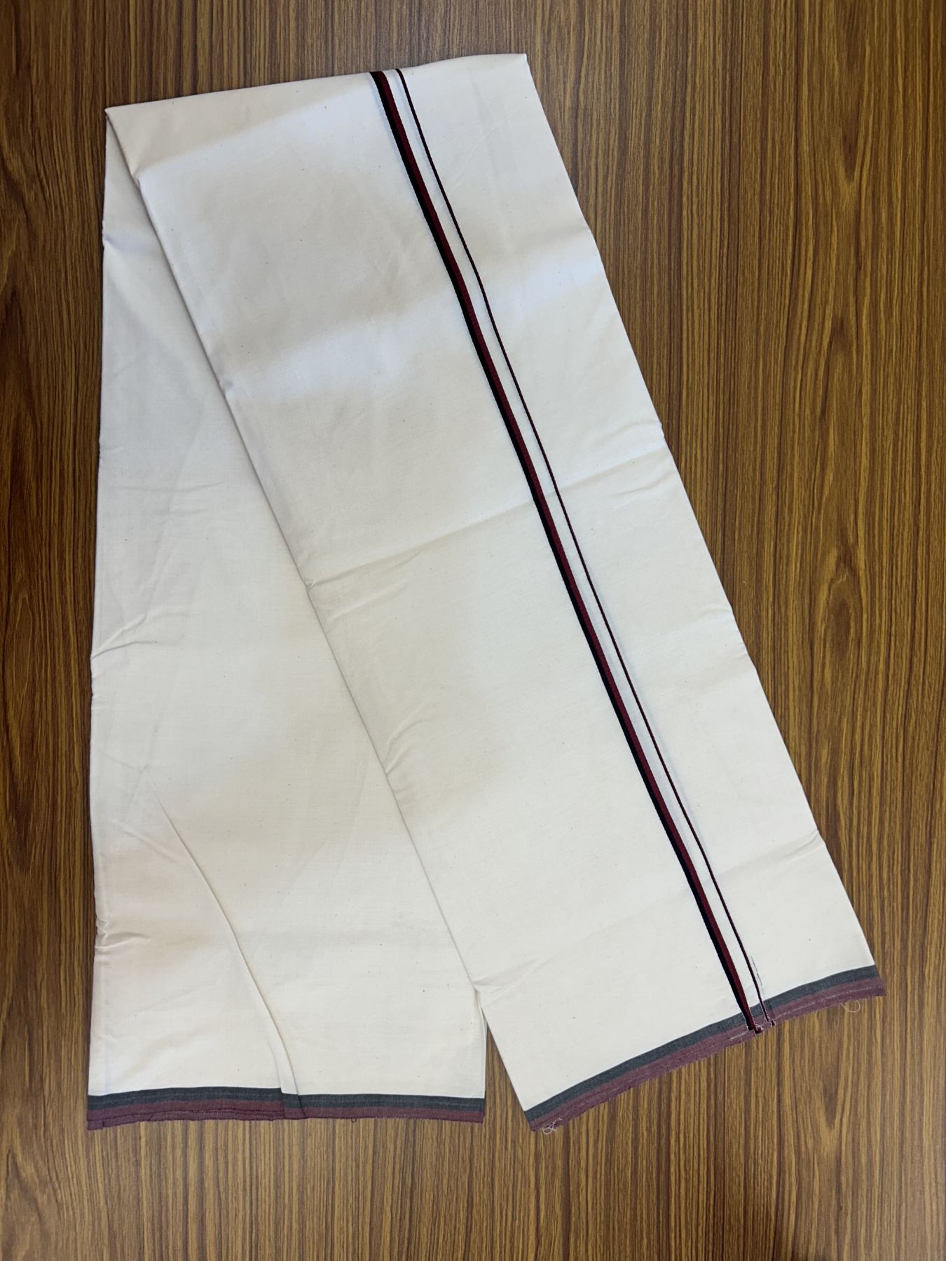 DMK Veshti - 20% Discount ! KaithariKada Balaramapuram 100% Cotton Single Off White - (Unbleached) Mundu/Dhoti- 100X100 - 0.25 inch Maroon & Black Kara (2 metre /4 muzham) - 1 KK5323 ASH