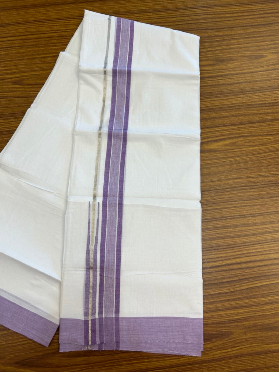 20% Discount ! Kaitharikada Balaramapuram 100% Pure Cotton Double Pure White Mundu/Dhoti - 100x80 - 1.5 inch Silver Kasav Violet Shaded Stripes Chutty Kara 3.90 mtr (8.5 muzham) - 41 KK5287 PMC