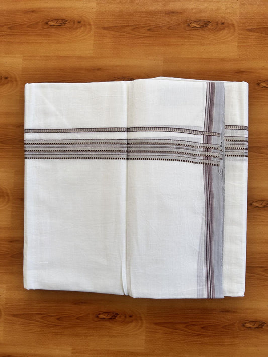 Double Pure White  Mundu/Dothi - 20% Discount!! Kaitharikada Balaramapuram 100% Pure Cotton 100x100 - 1.25 inch Silver Kasav & Ash Blue & Wine Maroon Design Striped Kara - 3.90 m (8 muzham) -  17 KK5422 VAS