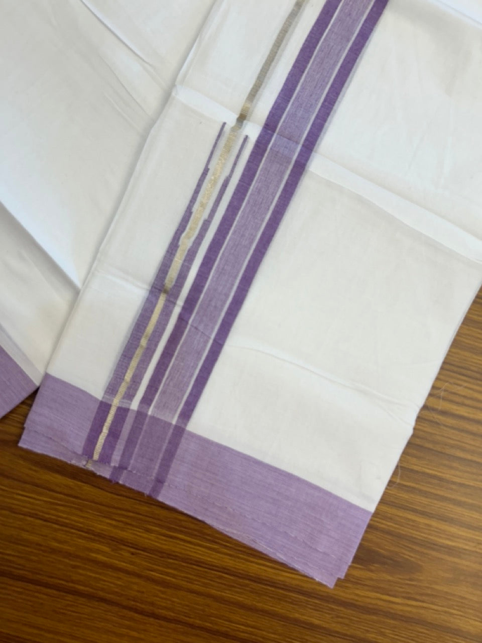 20% Discount ! Kaitharikada Balaramapuram 100% Pure Cotton Double Pure White Mundu/Dhoti - 100x80 - 1.5 inch Silver Kasav Violet Shaded Stripes Chutty Kara 3.90 mtr (8.5 muzham) - 41 KK5287 PMC