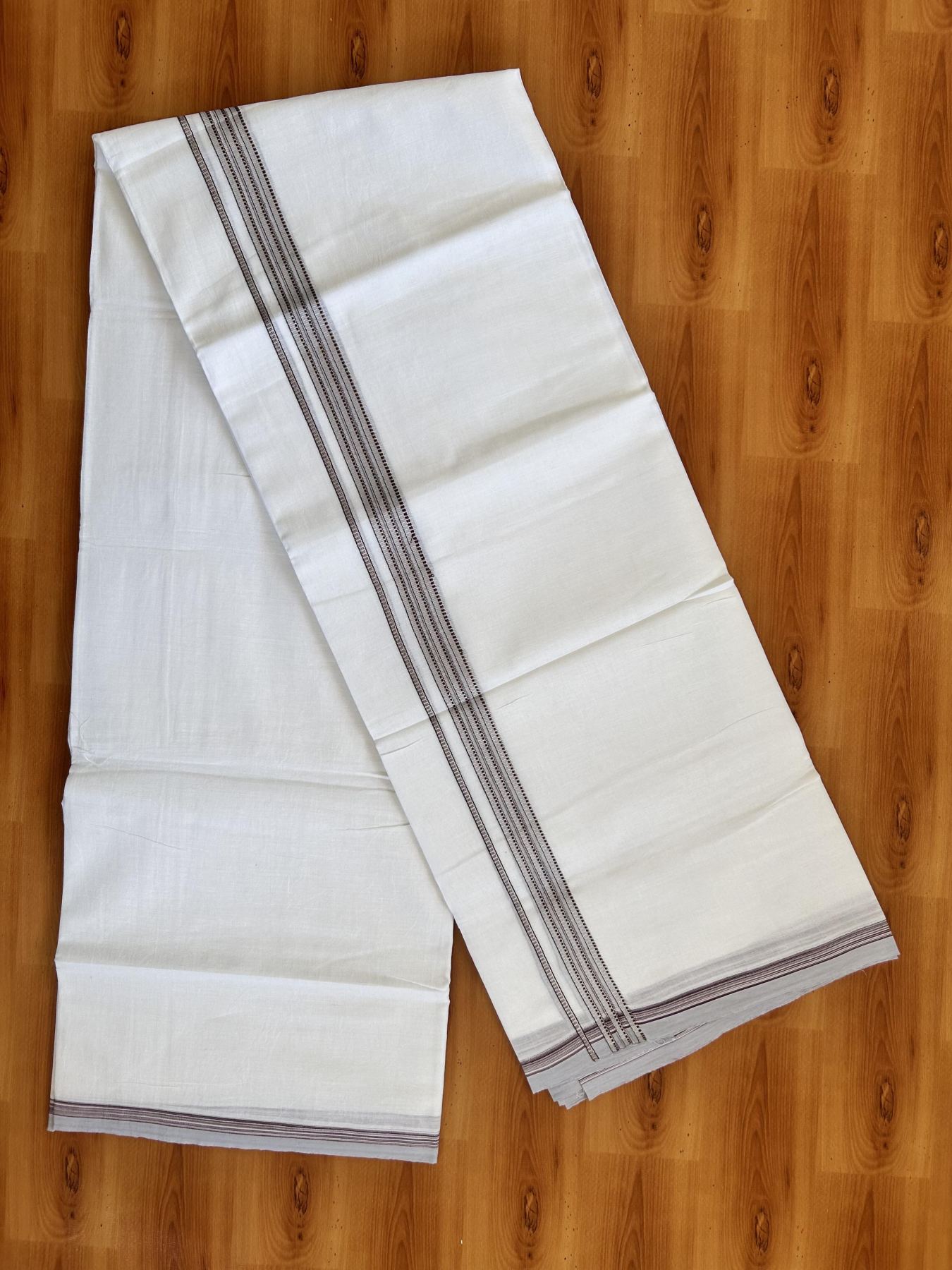 Double Pure White  Mundu/Dothi - 20% Discount!! Kaitharikada Balaramapuram 100% Pure Cotton 100x100 - 1.25 inch Silver Kasav & Ash Blue & Wine Maroon Design Striped Kara - 3.90 m (8 muzham) -  17 KK5422 VAS